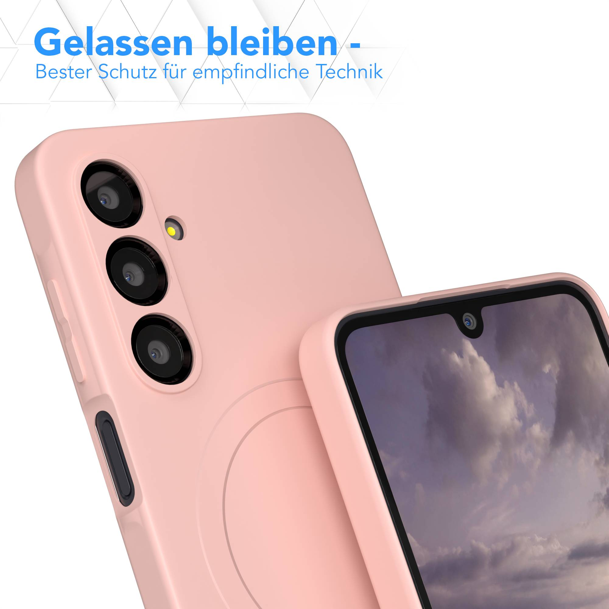 Rosa Handyhülle mit Kameralinsen und einem Telefonbildschirm. Text: Gelassen bleiben - Bester Schutz für empfindliche Technik.