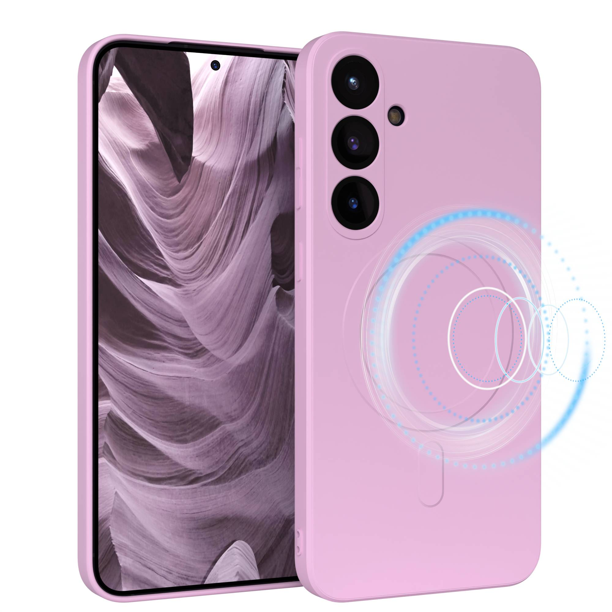 Rosa Handyhülle mit Handy. Das Handy zeigt ein Canyon-Bild. Die Hülle hat drei Kameralinsen.