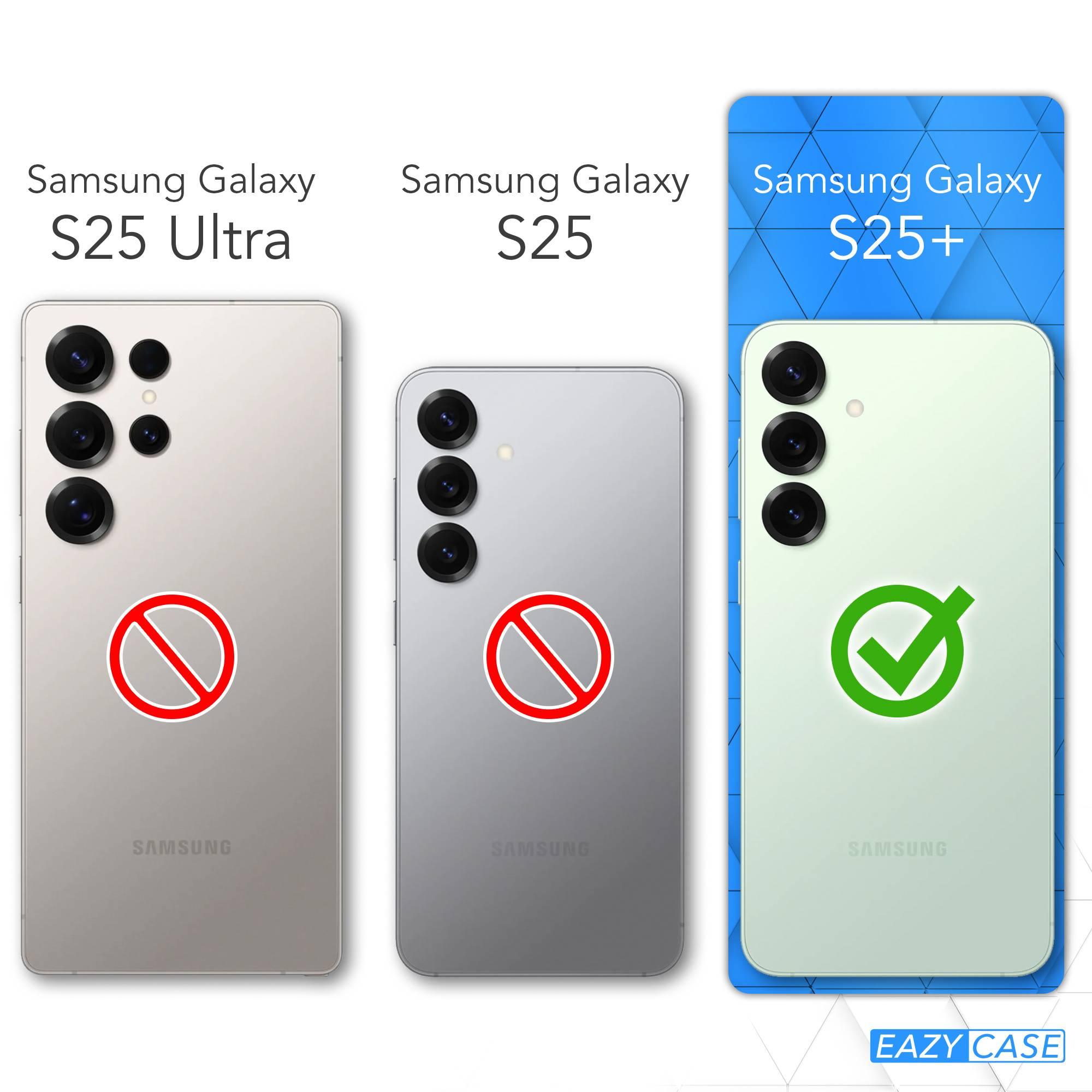 Drei Telefonrückansichten: S25 Ultra (nein), S25 (nein), S25+ (Häkchen). Jedes hat Kameras und Samsung-Logo. Blauer Hintergrund.
