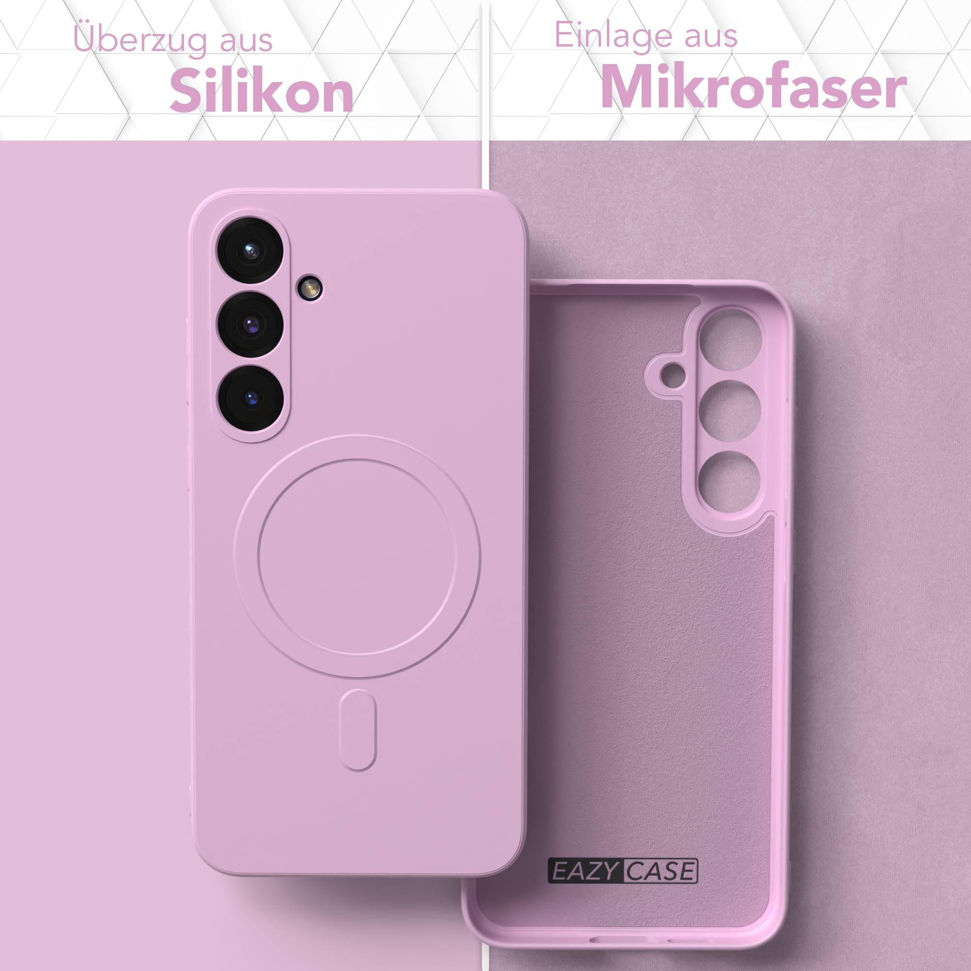 Ein rosa Handyhülle und ihr Inneres werden gezeigt, mit Text, der Silikon auf der einen und Mikrofaser auf der anderen Seite angibt.