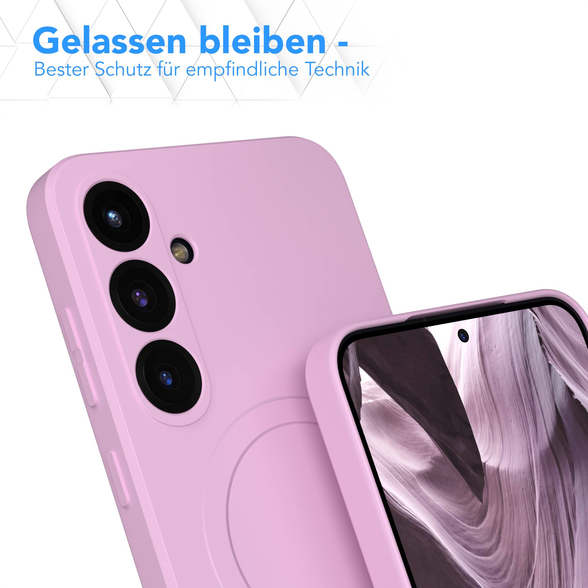 Rosa Handyhülle mit Kameralinsen. Der Hintergrund zeigt ein verschwommenes Canyonbild.