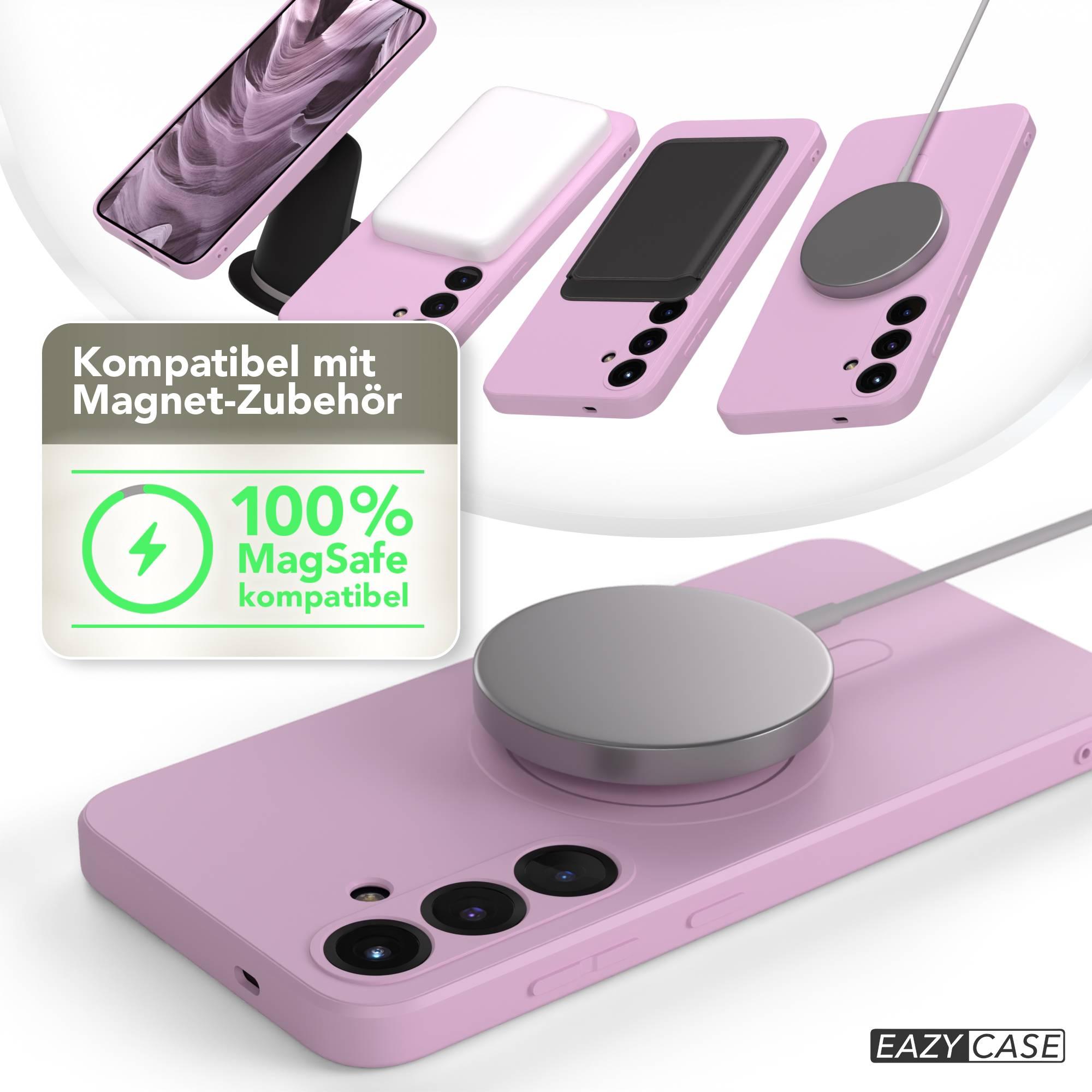 Pinkfarbene Handyhüllen mit Zubehör. Ein Telefon auf einem Ständer. Schild sagt MagSafe-kompatibel. Hüllen haben Kameraausschnitte.