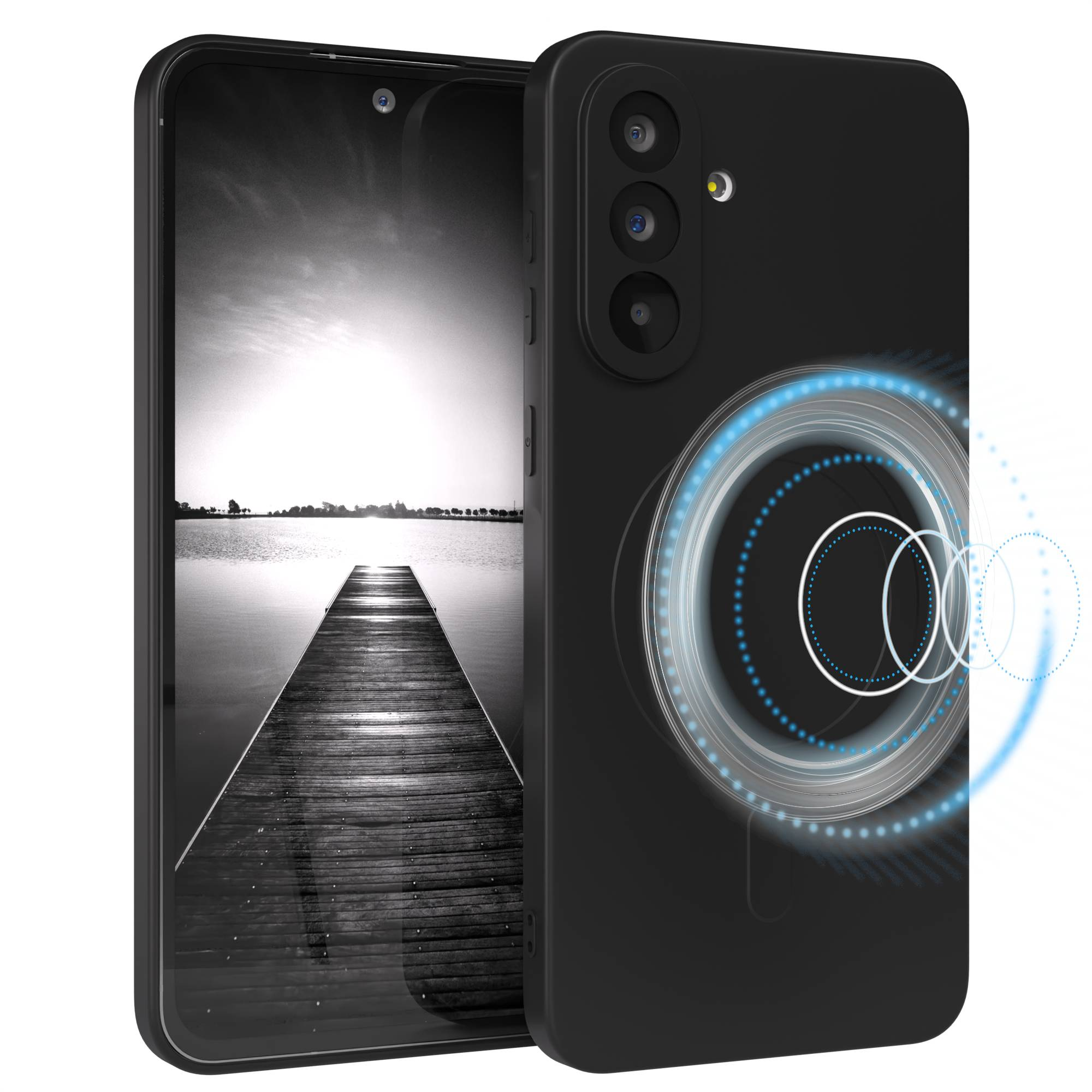 Schwarze Handyhülle mit Telefon im Inneren, die einen Steg zeigt. Schwarze Handyhülle mit blauem kreisförmigem Design auf der Rückseite.