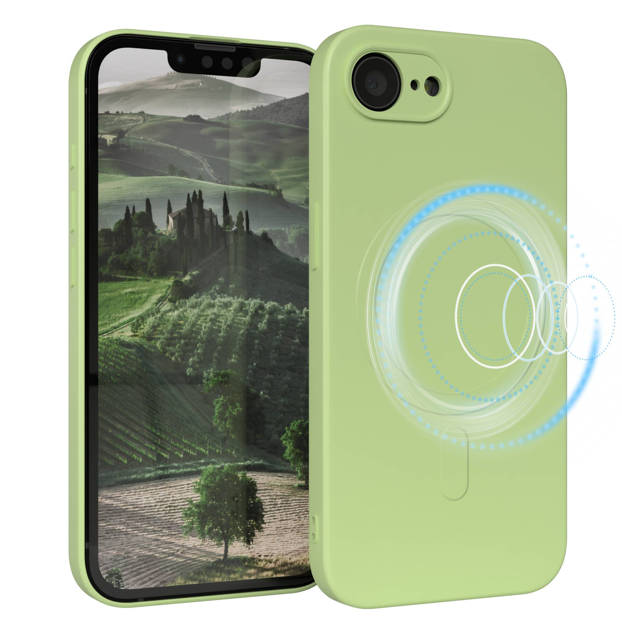 Eine grüne Handyhülle mit einem Telefon im Inneren, das eine Landschaft zeigt. Die Hülle hat ein Kreisdesign auf der Rückseite.