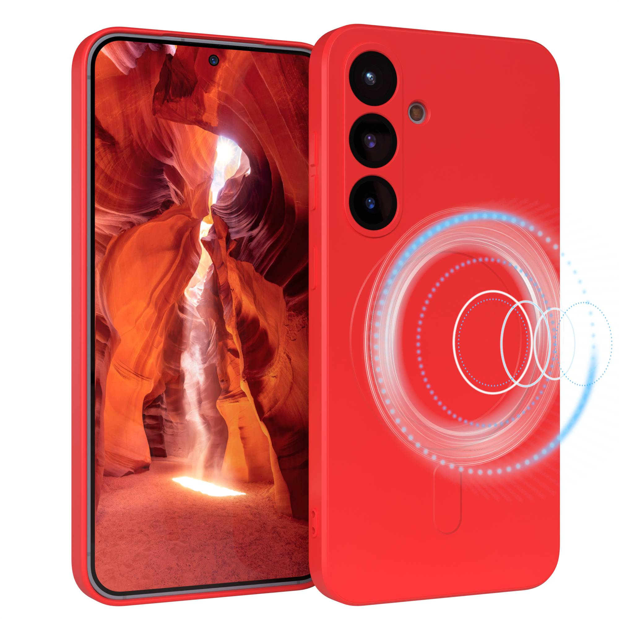 Eine rote Handyhülle mit einem Telefon darin. Auf dem Telefon wird ein oranger Canyon angezeigt. Die Hülle hat ein magnetisches Kreisdesign.