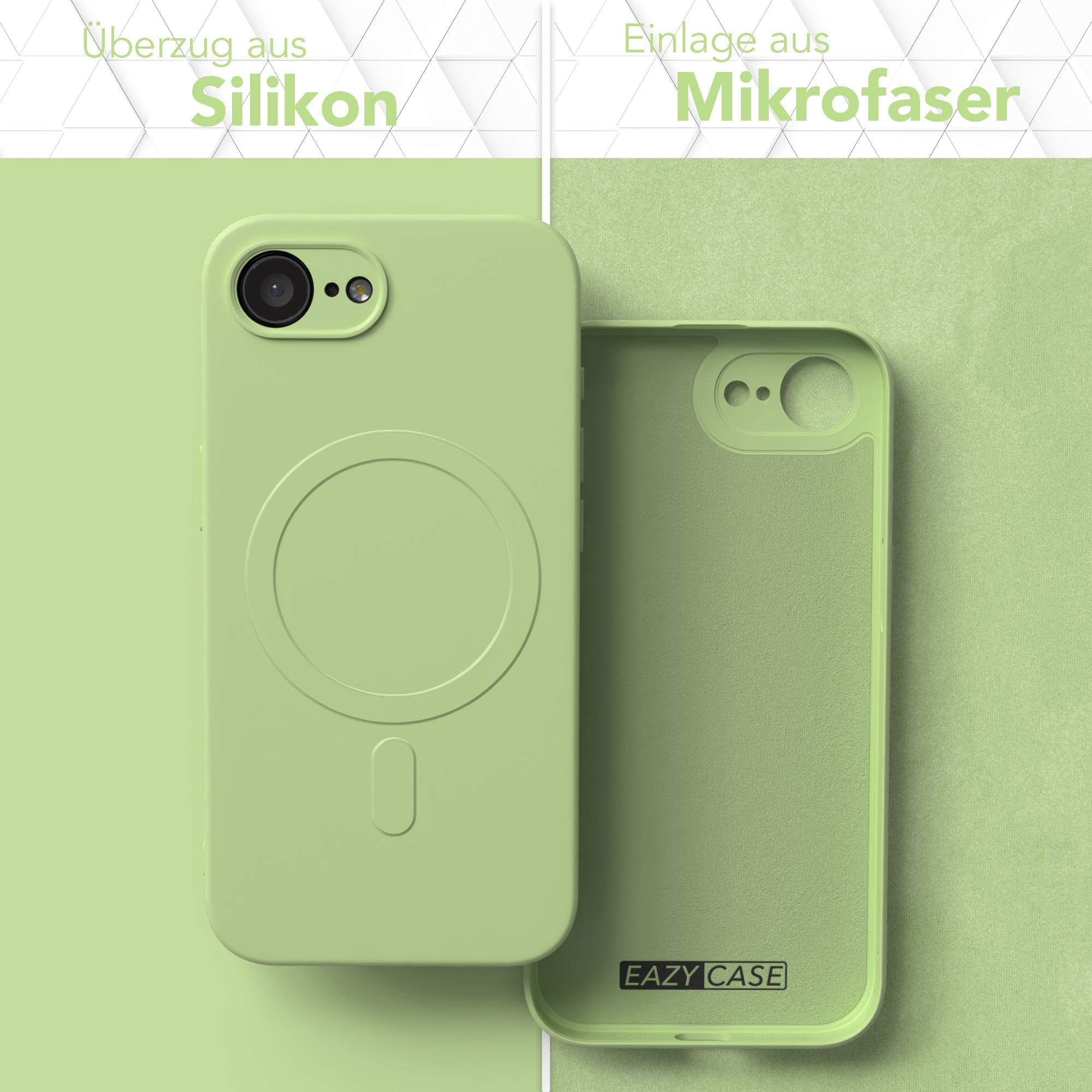 Grüne Handyhülle mit Silikonhülle und Mikrofaser innen. Zeigt offene Hülle und Hintergrund mit passender Farbe.
