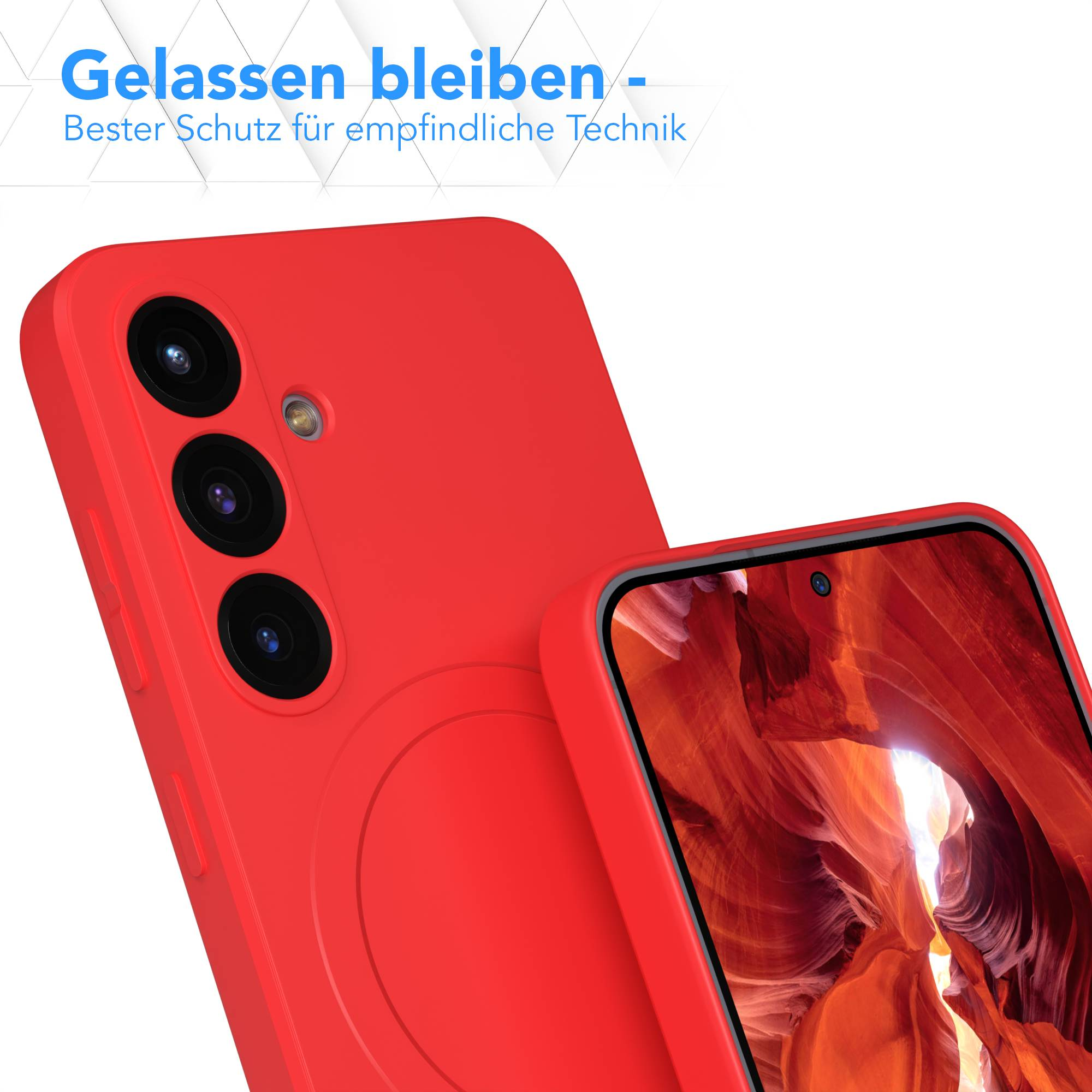 Zwei rote Telefonhüllen, eine über der anderen. Die obere hat sichtbare Kameralinsen.