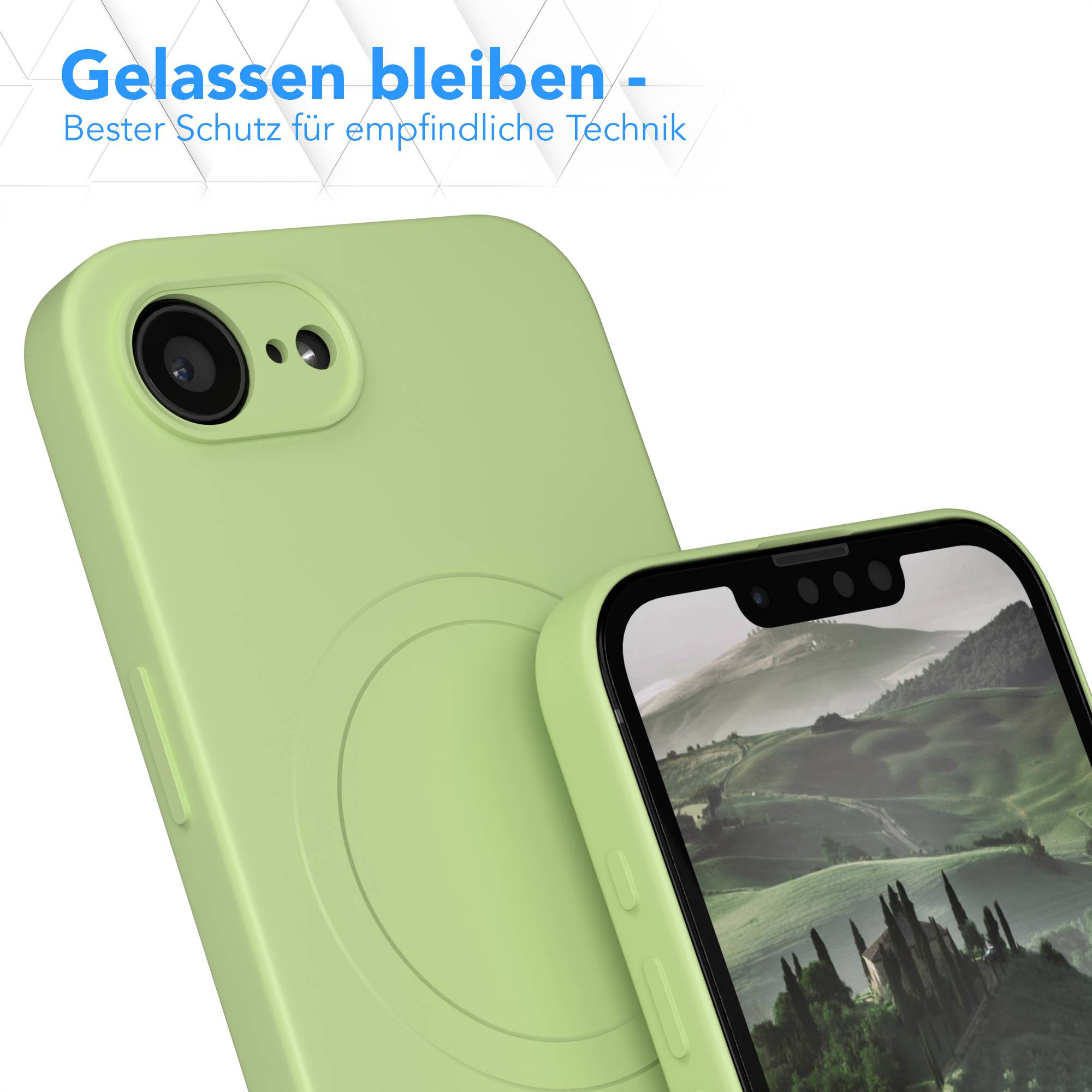 Zwei grüne Telefonhüllen, eine bedeckt ein Telefon mit Landschaft, die andere mit Kamera und Blitz sichtbar, Text oben.
