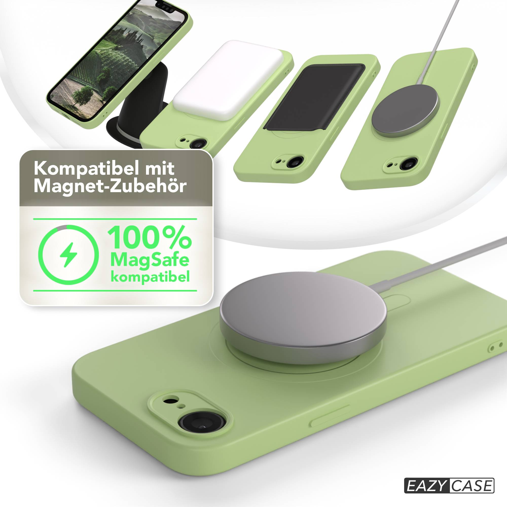 Das Bild zeigt grüne Handyhüllen mit MagSafe-Zubehör. Eine Grafik besagt '100% MagSafe-kompatibel'.