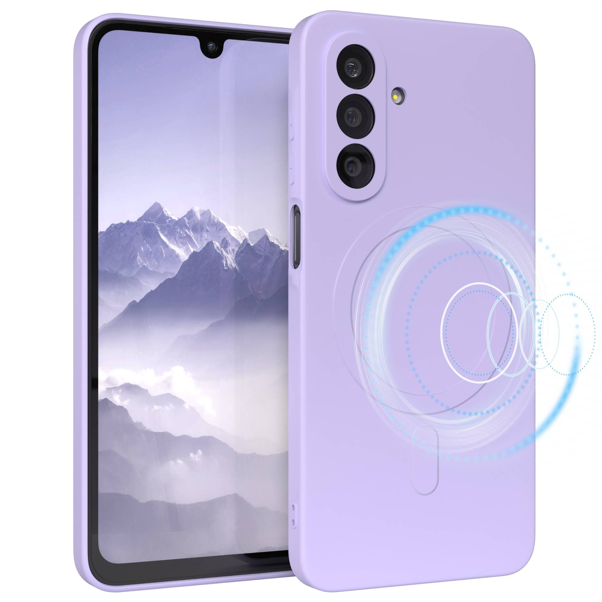 Ein lila Telefon in einer passenden Hülle, das eine Berglandschaft zeigt. Die Hülle hat drei Kameras und ein kreisförmiges Design.