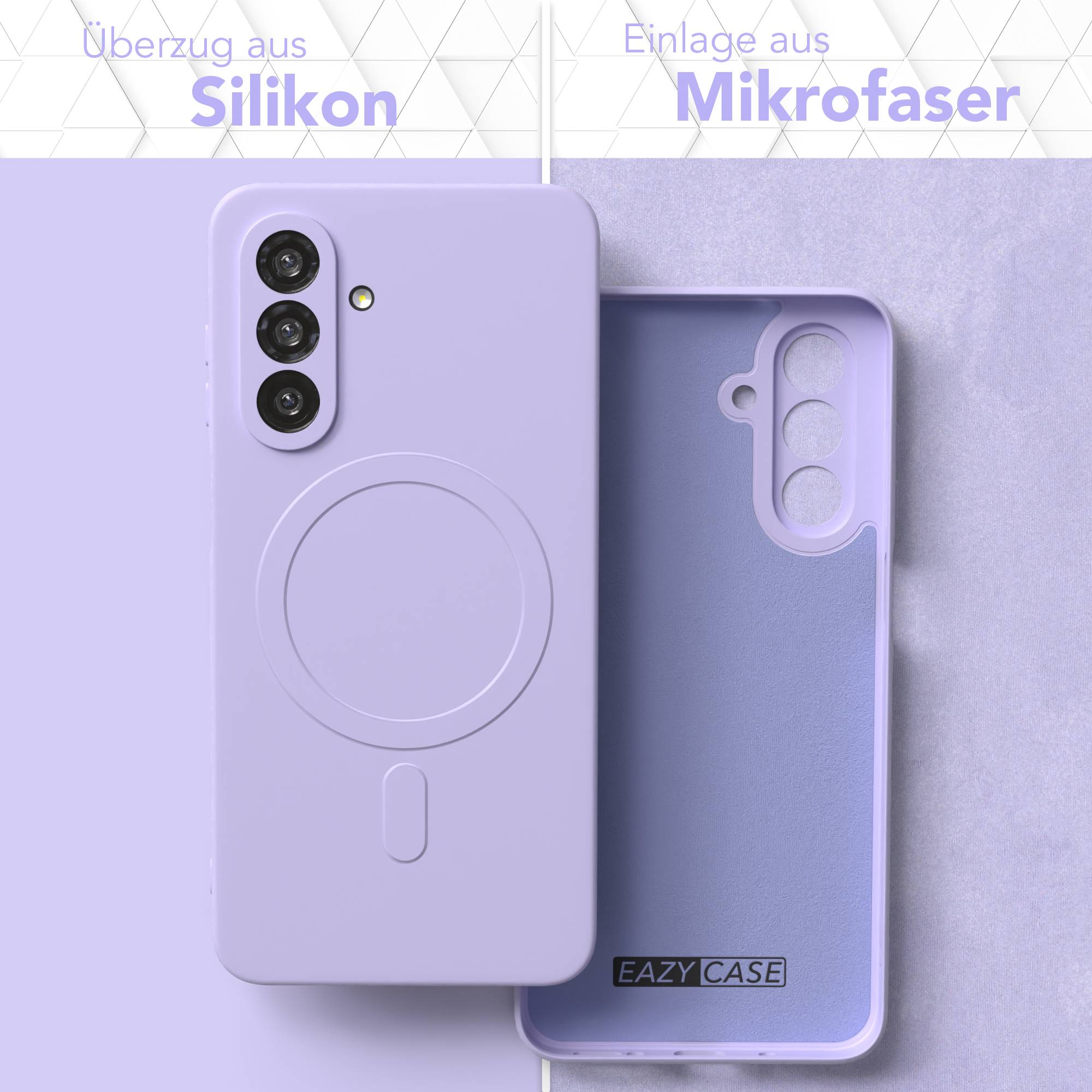 Ein geteiltes lila Handycase. Die linke Seite zeigt die Außenseite, die rechte die Innenseite. Text: 'Silikon', 'Mikrofaser'.