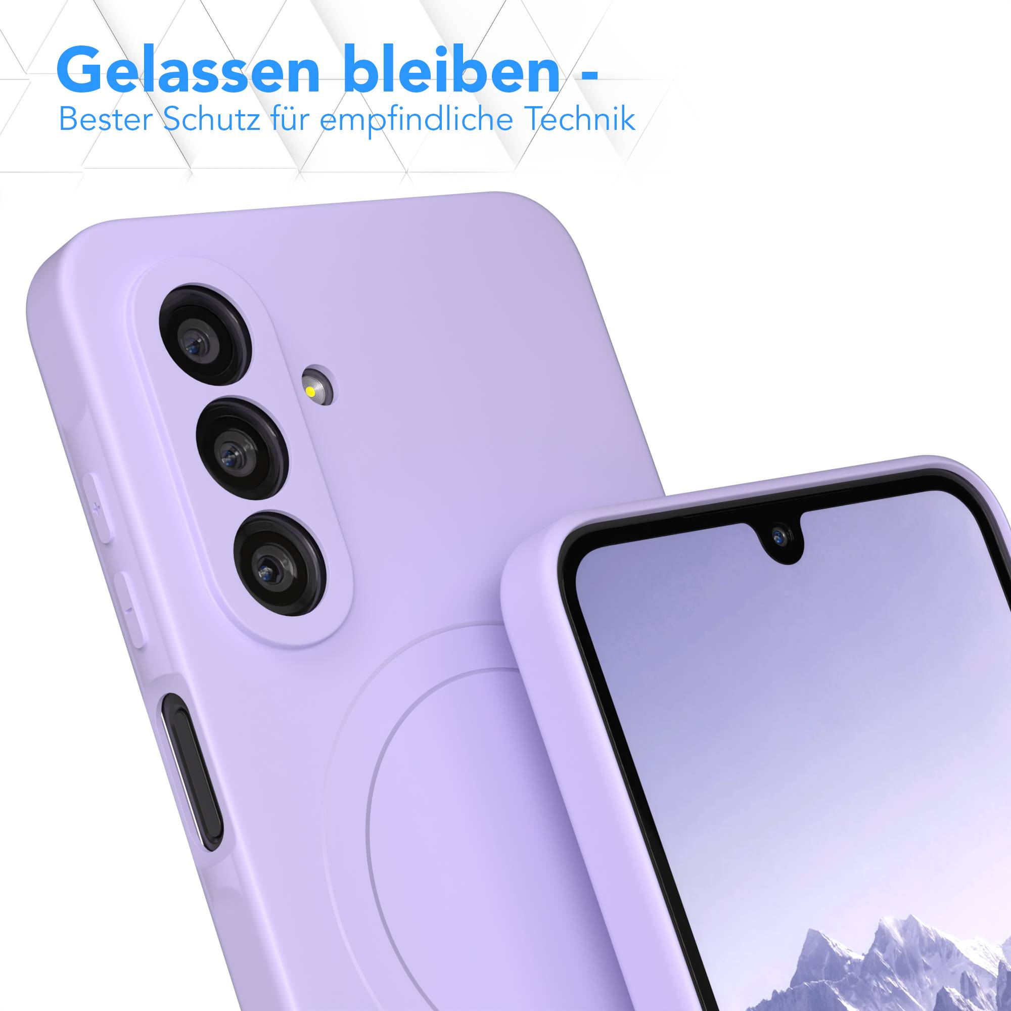 Eine hellviolette Handyhülle mit Displayschutz. Das Telefon hat mehrere Kameralinsen. Text: 'Gelassen bleiben'.