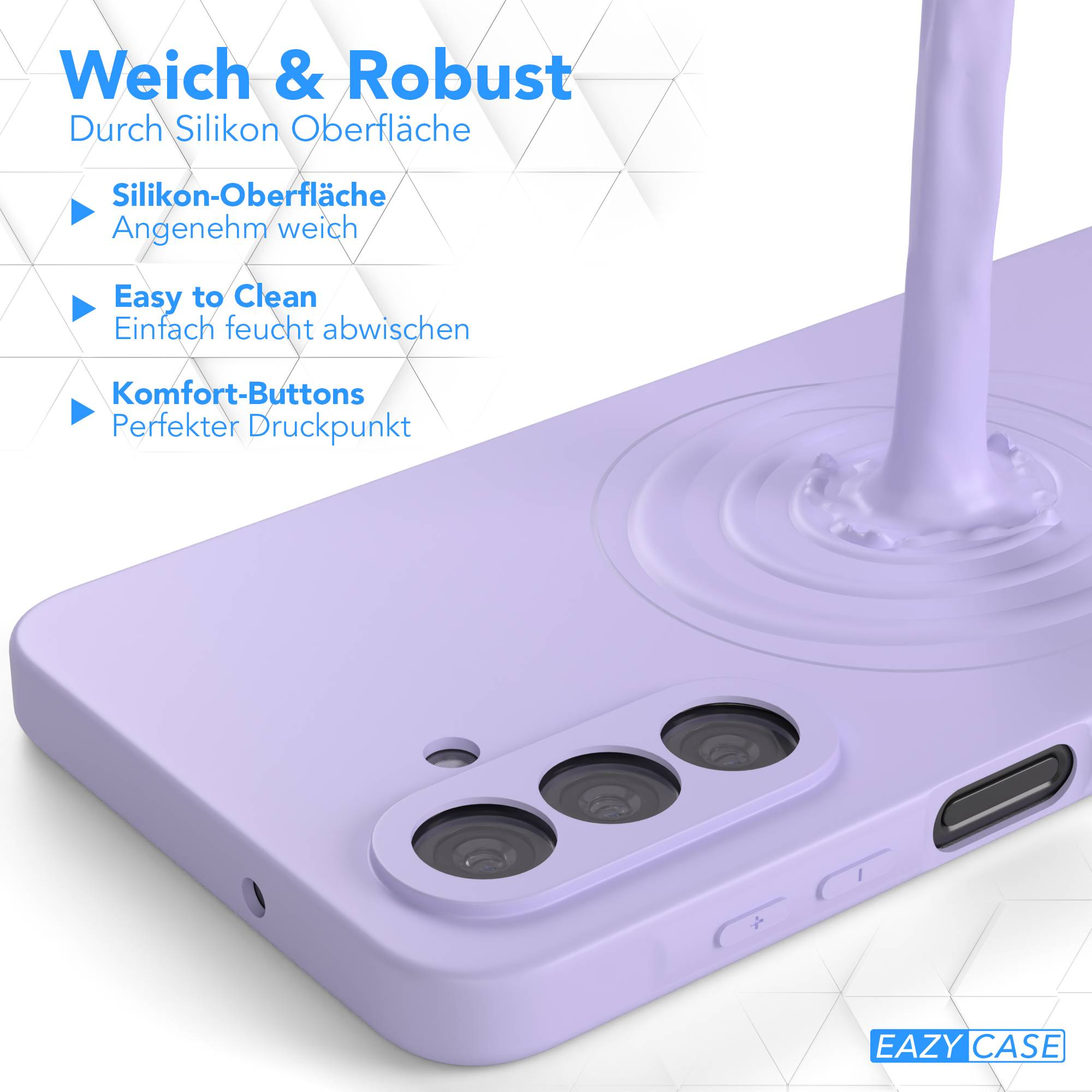 Eine hellviolette Handyhülle mit Flüssigkeitseffekt. Die Hülle hat Kameraausschnitte und ist mit 'EAZY CASE' beschriftet.