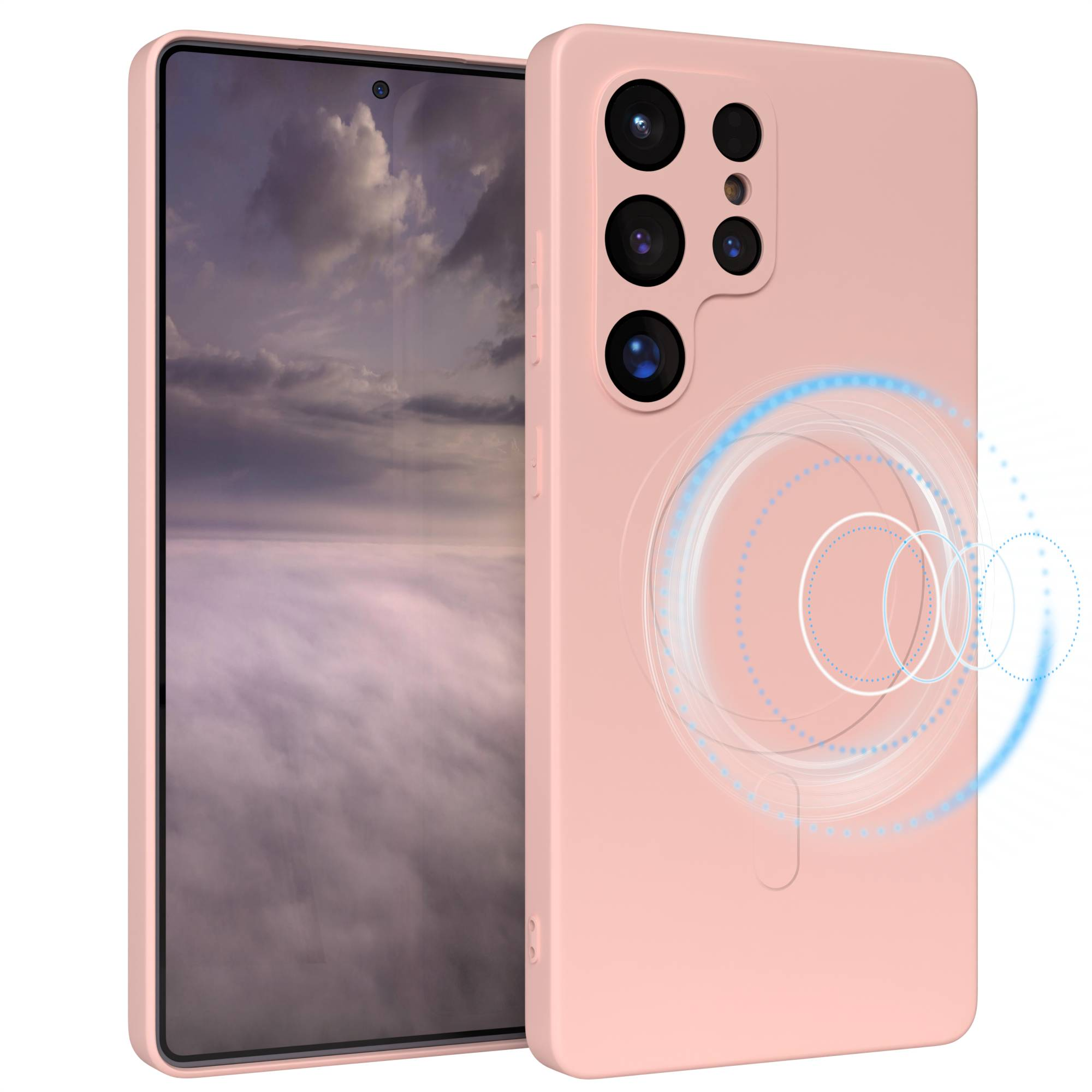 Ein rosa Telefon mit Schutzhülle wird gezeigt. Der Bildschirm zeigt ein bewölktes Himmelsbild. Die Hülle hat mehrere Kameralinsen.