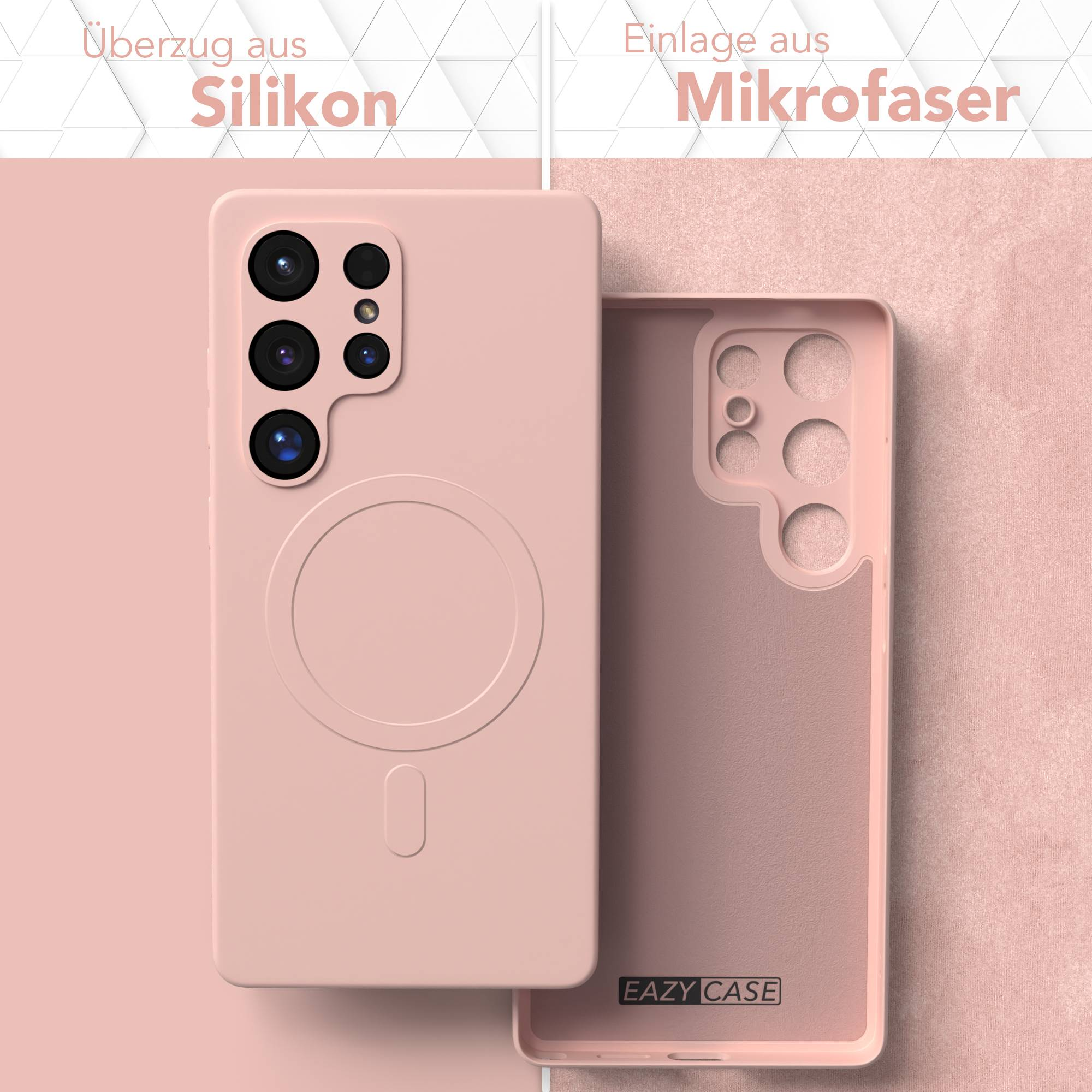 Rosa Handyhülle, Silikon außen, Mikrofaser innen. Gehäuse offen, Innenraum sichtbar. Handy mit mehreren Kameralinsen.