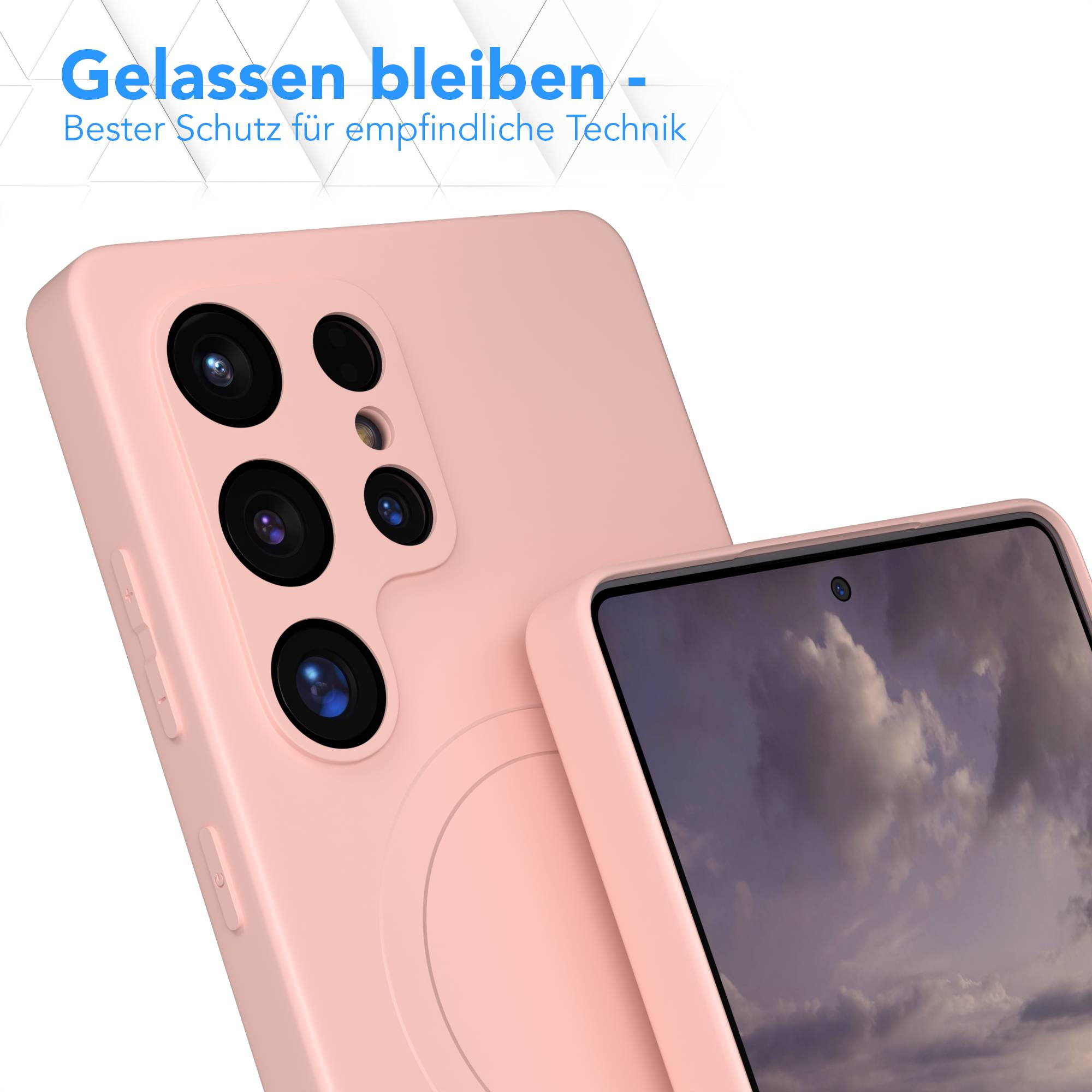Eine rosa Handyhülle mit mehreren Kameralinsen. Ein Telefonbildschirm ist sichtbar. Text auf Deutsch steht oben.