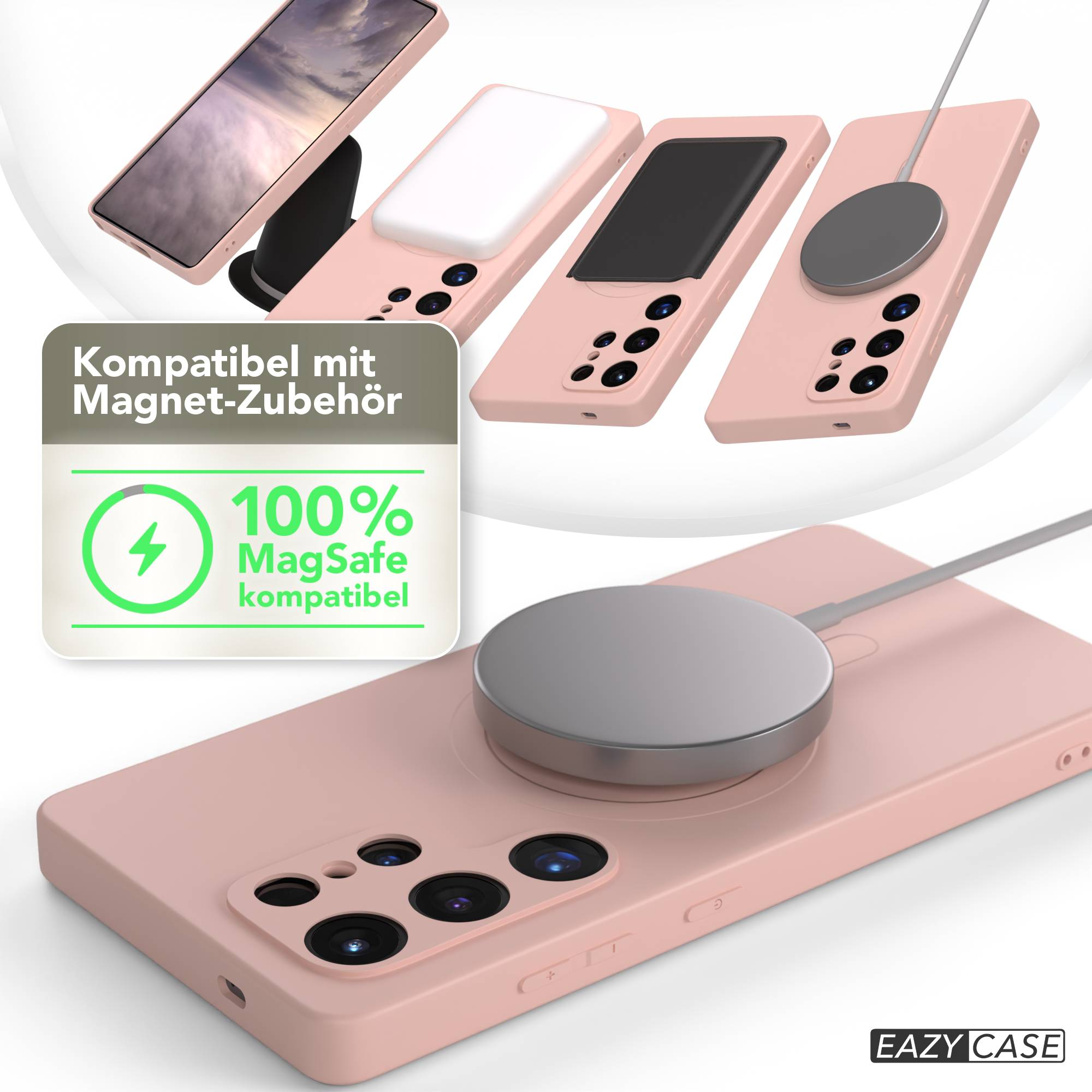 Rosa Handyhüllen und MagSafe-Ladegeräte werden angezeigt, mit dem Text 'MagSafe-kompatibel'. Ein Telefon steht auf einem Ständer.