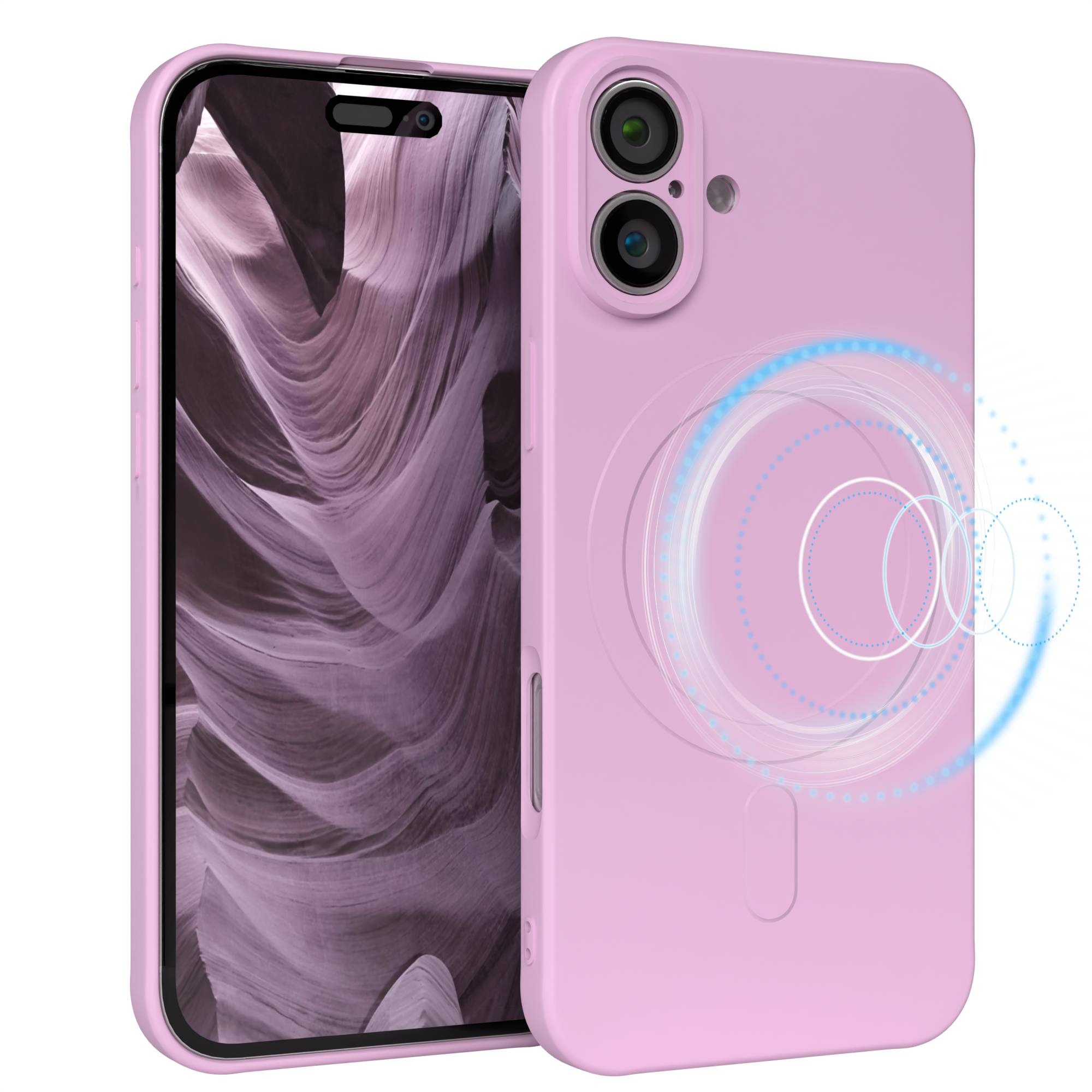 Eine pinke Handyhülle mit einem Telefon darin. Der Bildschirm zeigt ein wellenförmiges Muster. Auf der Hülle sind Kameralinsen.