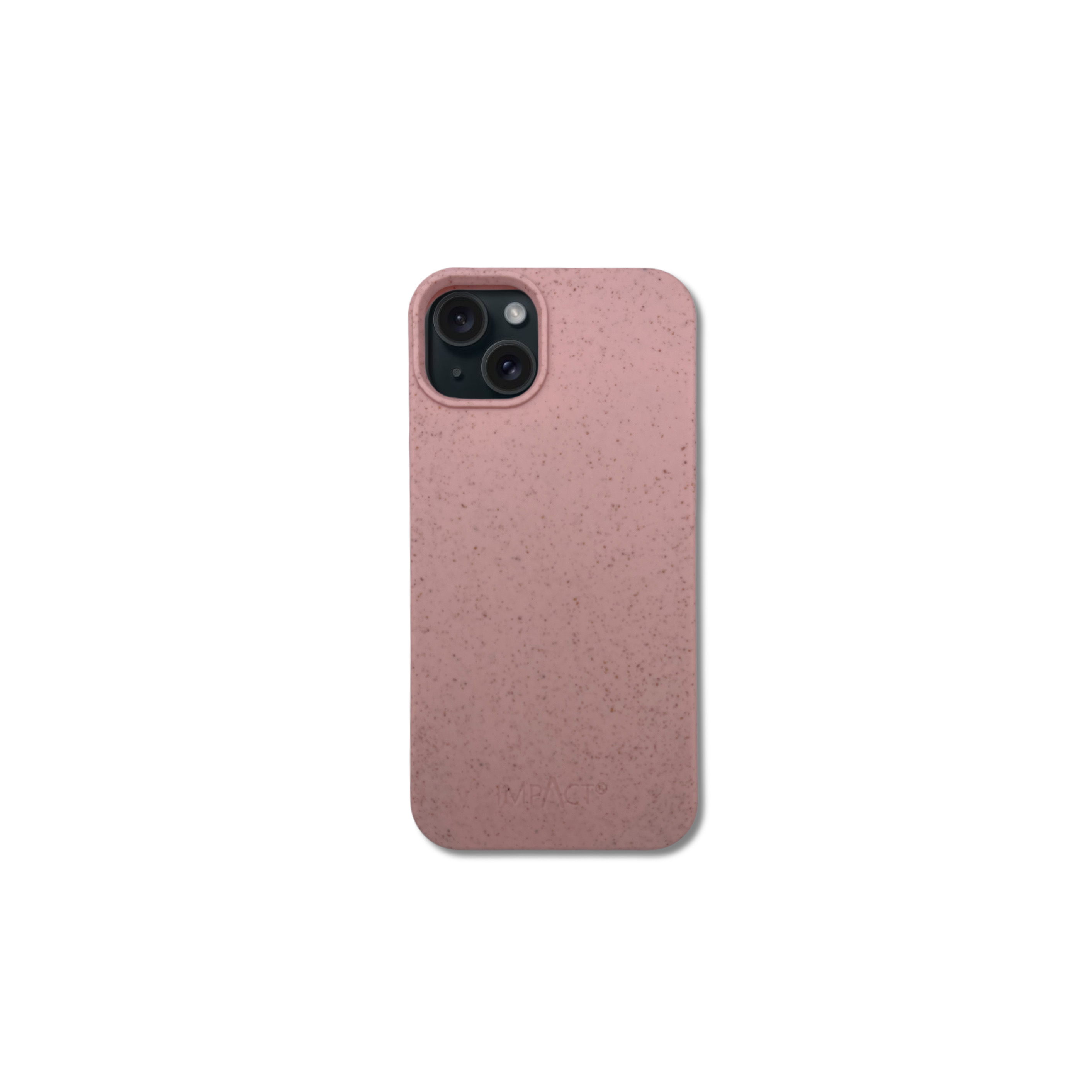 Una custodia rosa per telefono con ritaglio per fotocamera e la parola IMPACT in basso, su sfondo bianco.