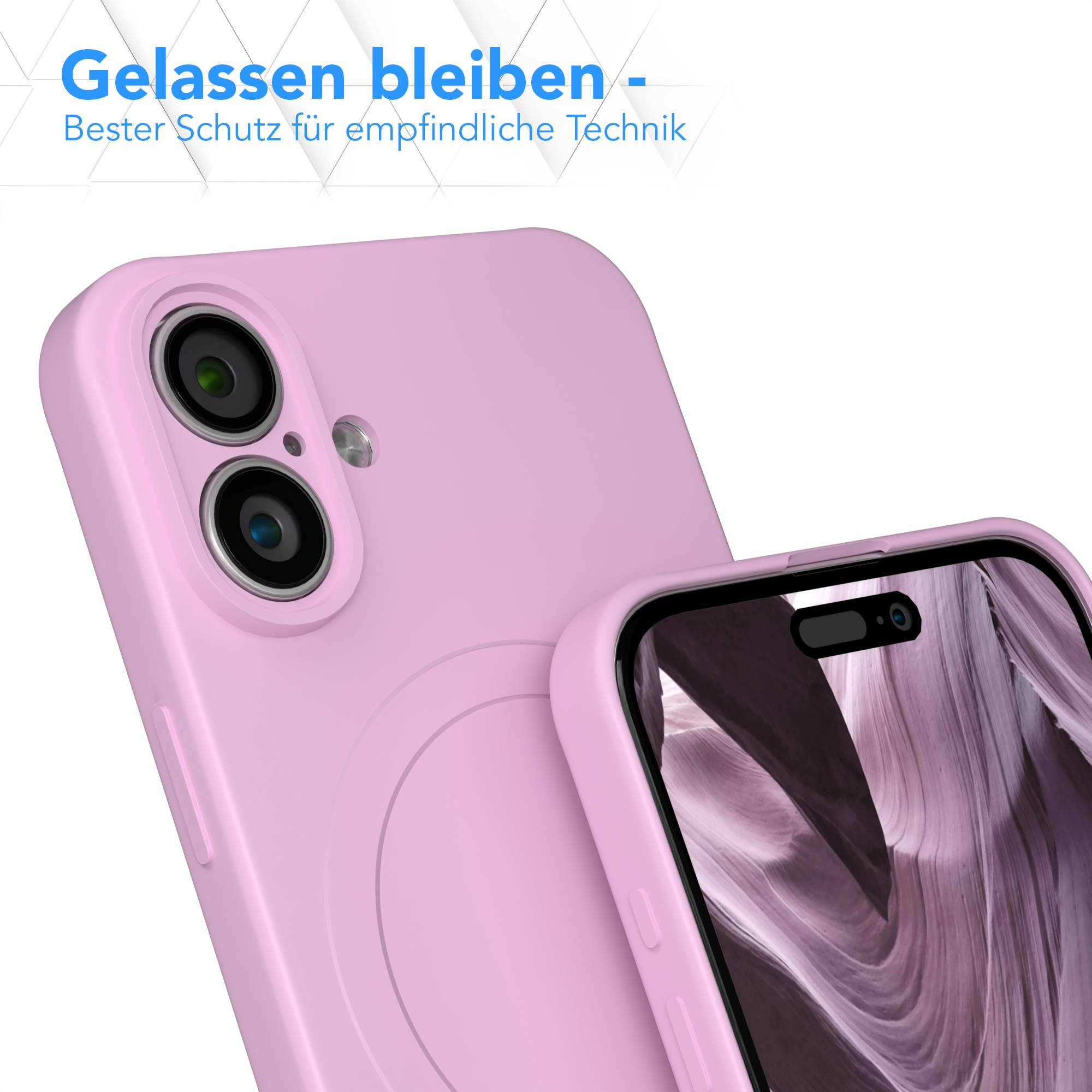 Rosa Handyhülle. Die Hülle hat Kameraausschnitte. Der Bildschirm zeigt ein violettes, wellenförmiges Muster. Text oben: 'Gelassen bleiben'.