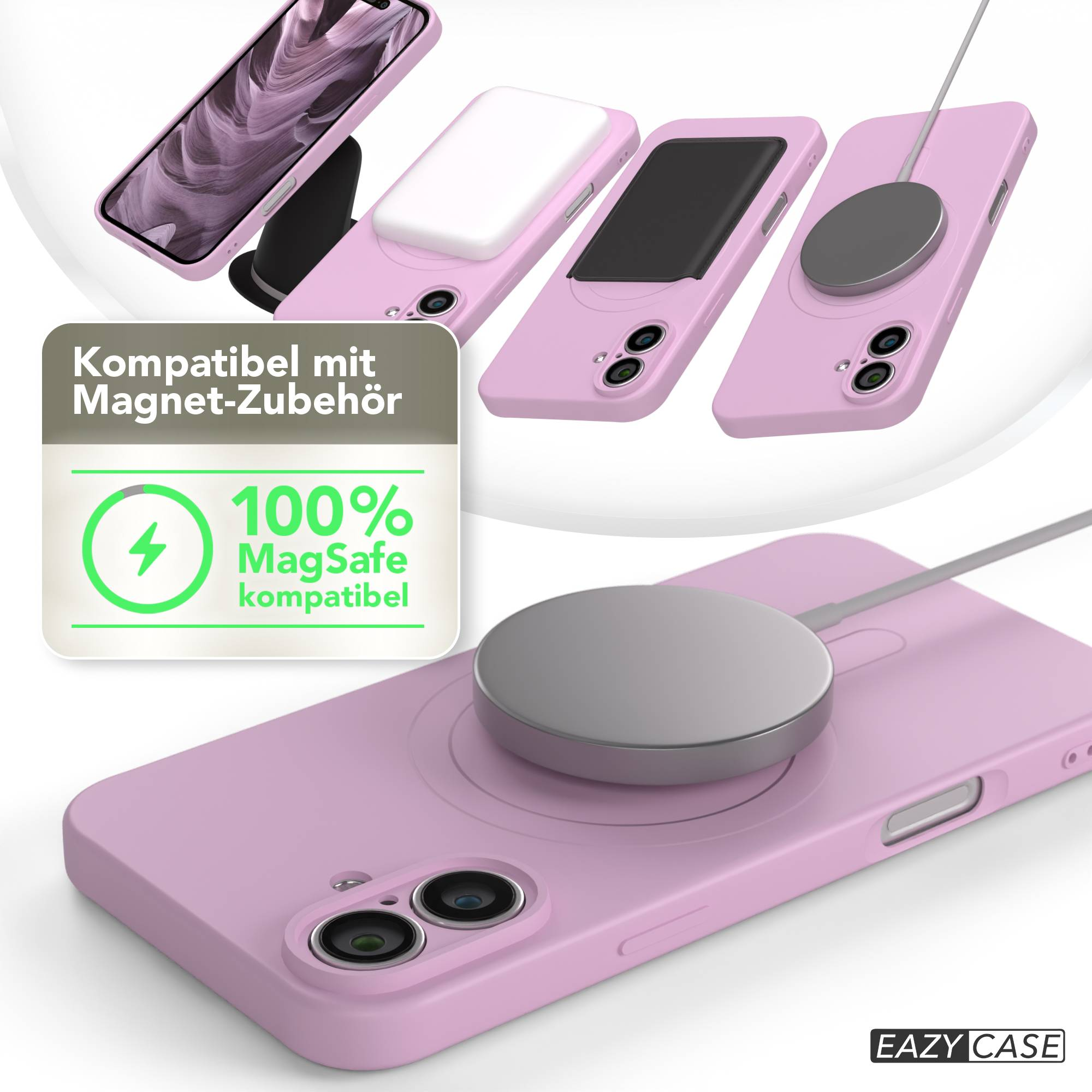 Das Bild zeigt rosa Handyhüllen mit MagSafe-Ladegeräten. Es enthält ein Kompatibilitätsetikett und das EAZY CASE-Logo.