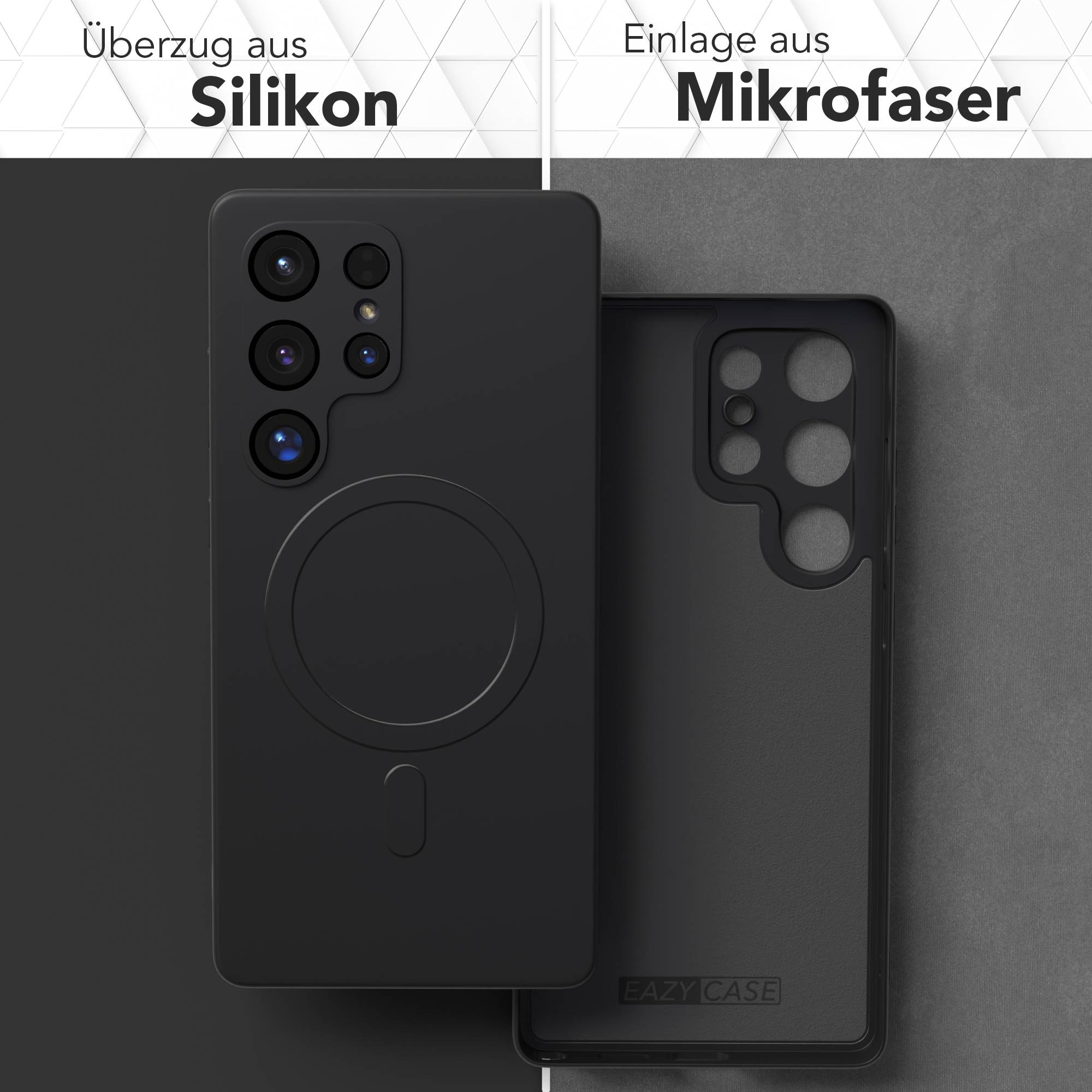 Schwarze Handyhülle mit Silikonaußen und Mikrofaserinnen. Enthält ein Telefon mit mehreren Kameralinsen und einem Ladekreis.