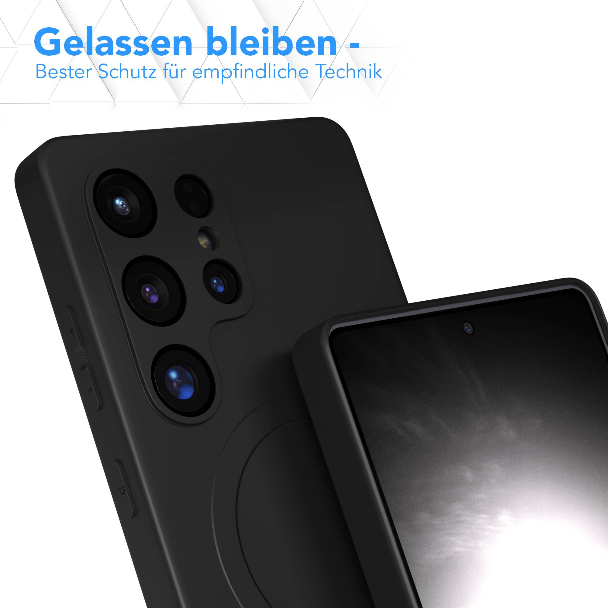 Schwarzes Smartphone mit mehreren Kameralinsen, mit schwarzer Hülle. Text in Blau oben. Moderne Technologie.