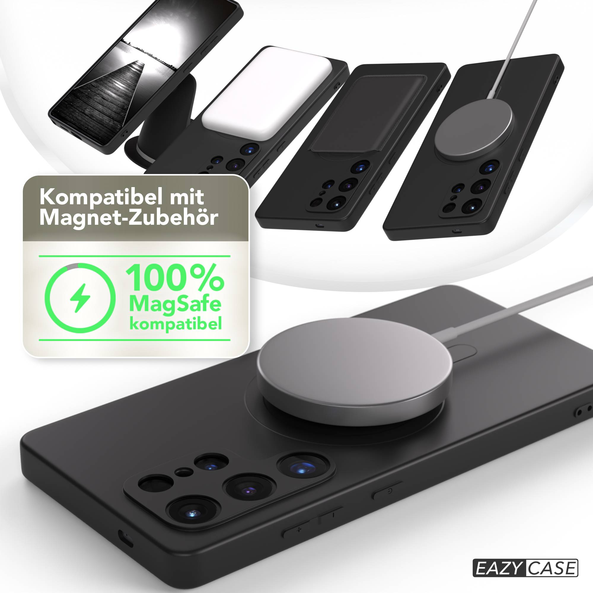 Das Bild zeigt schwarze Handyhüllen, ein MagSafe-Ladegerät und ein Schild. Die Hüllen haben Aussparungen für Kameras.