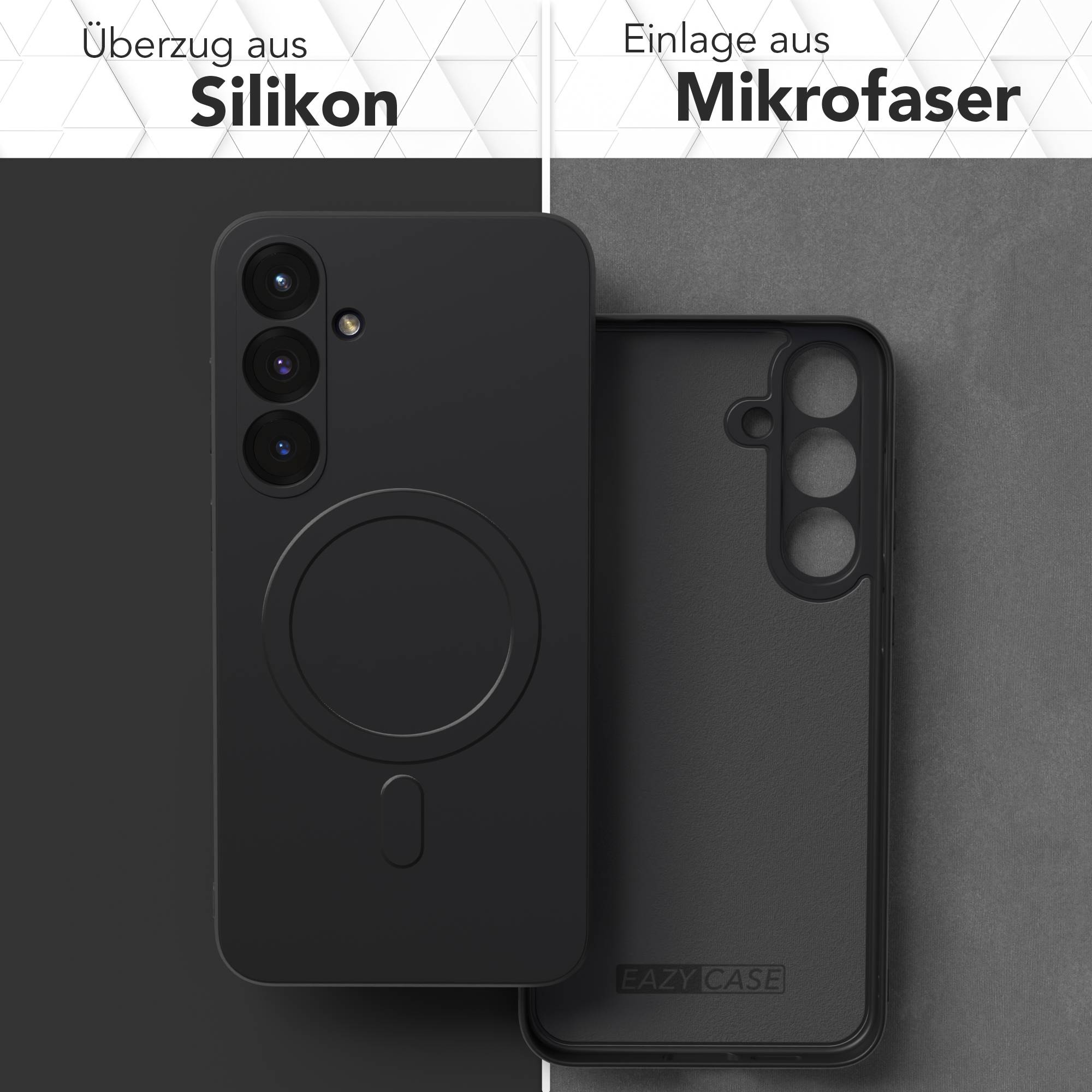 Schwarze Handyhülle in zwei Hälften geteilt. Eine Seite zeigt die Silikonaußenseite, die andere die Mikrofaserinnenseite.