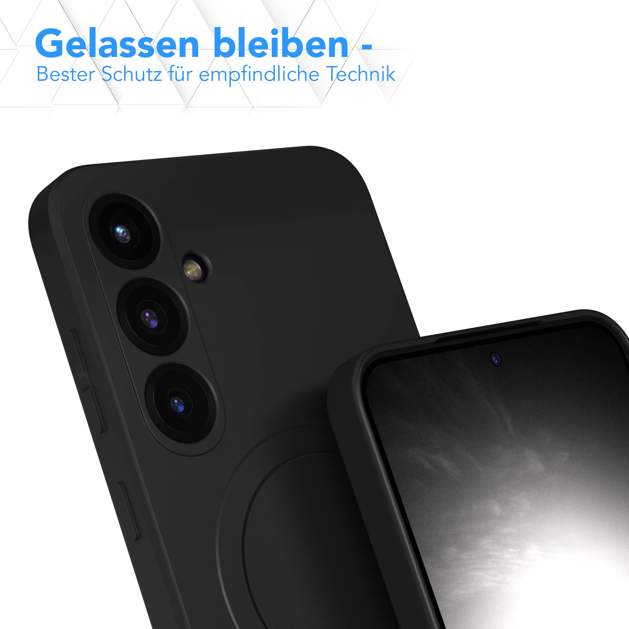 Schwarzes Telefon mit drei Kameralinsen, ein anderes Telefon in einem Gehäuse und Text in Blau und Weiß.