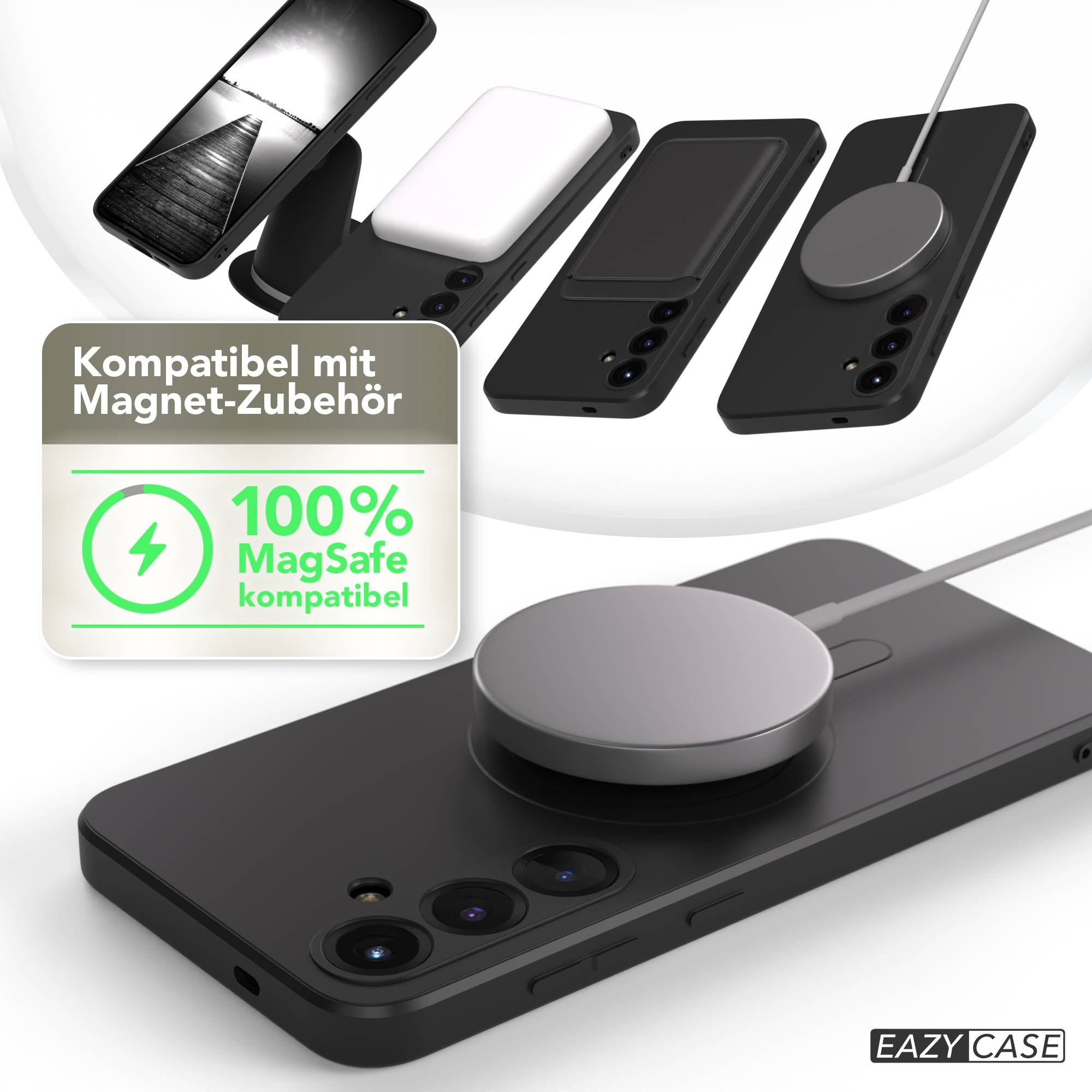 Schwarzes Telefon mit MagSafe-Zubehör. Ein Telefon, ein Ladegerät und ein Ladepad sind abgebildet, mit einer Produktbeschreibung links.