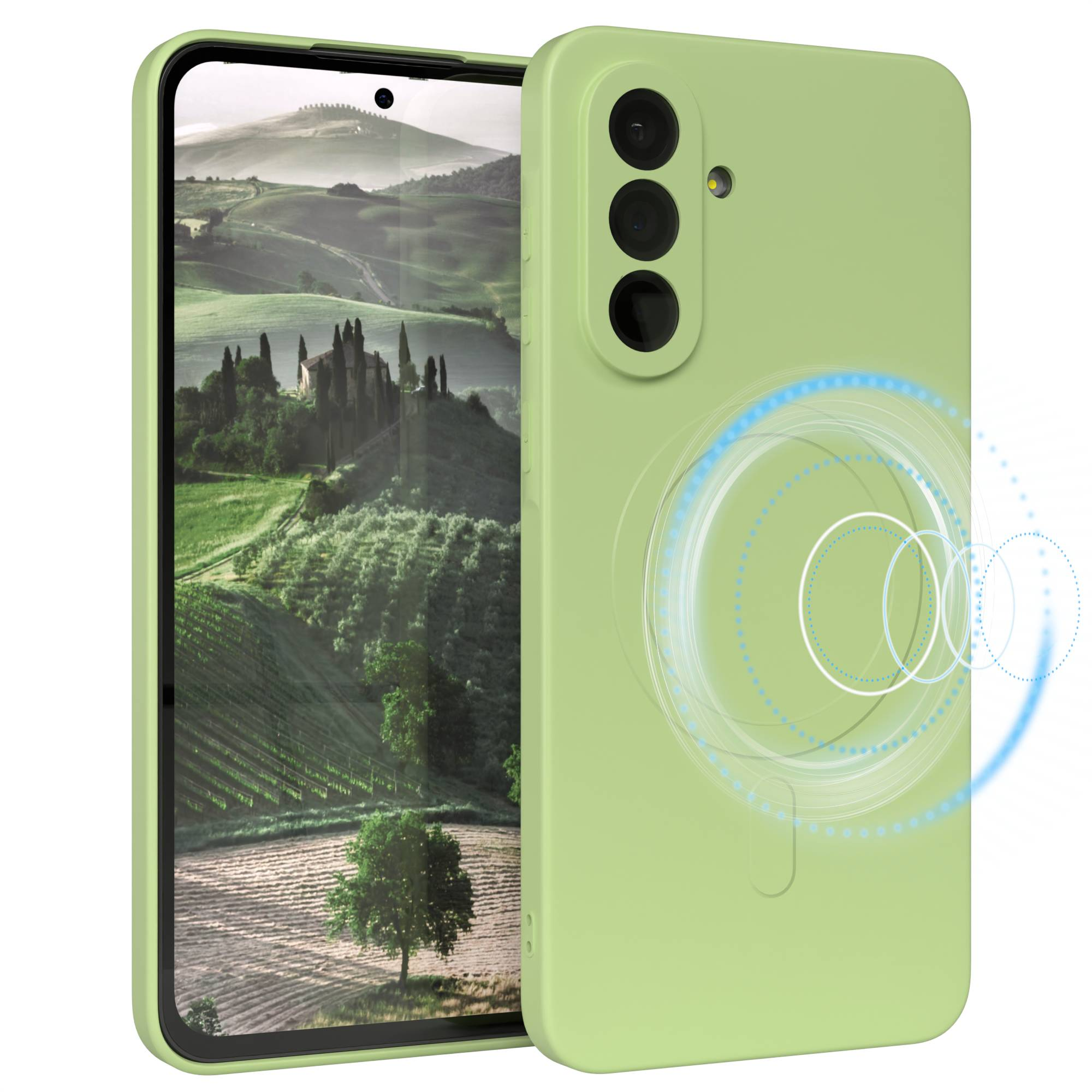 Grüne Handyhülle mit einem Telefon, das eine Landschaft zeigt. Die Hülle hat einen Kamerabereich. Blaue Highlights auf der Rückseite.