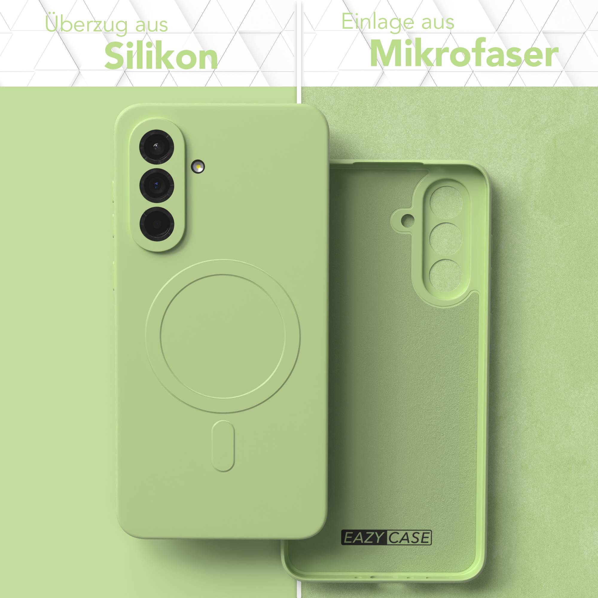 Zweiteilige grüne Handyhülle. Eine Seite hat Kameraausschnitte, die andere ein Mikrofaser-Innenfutter und den Markennamen.