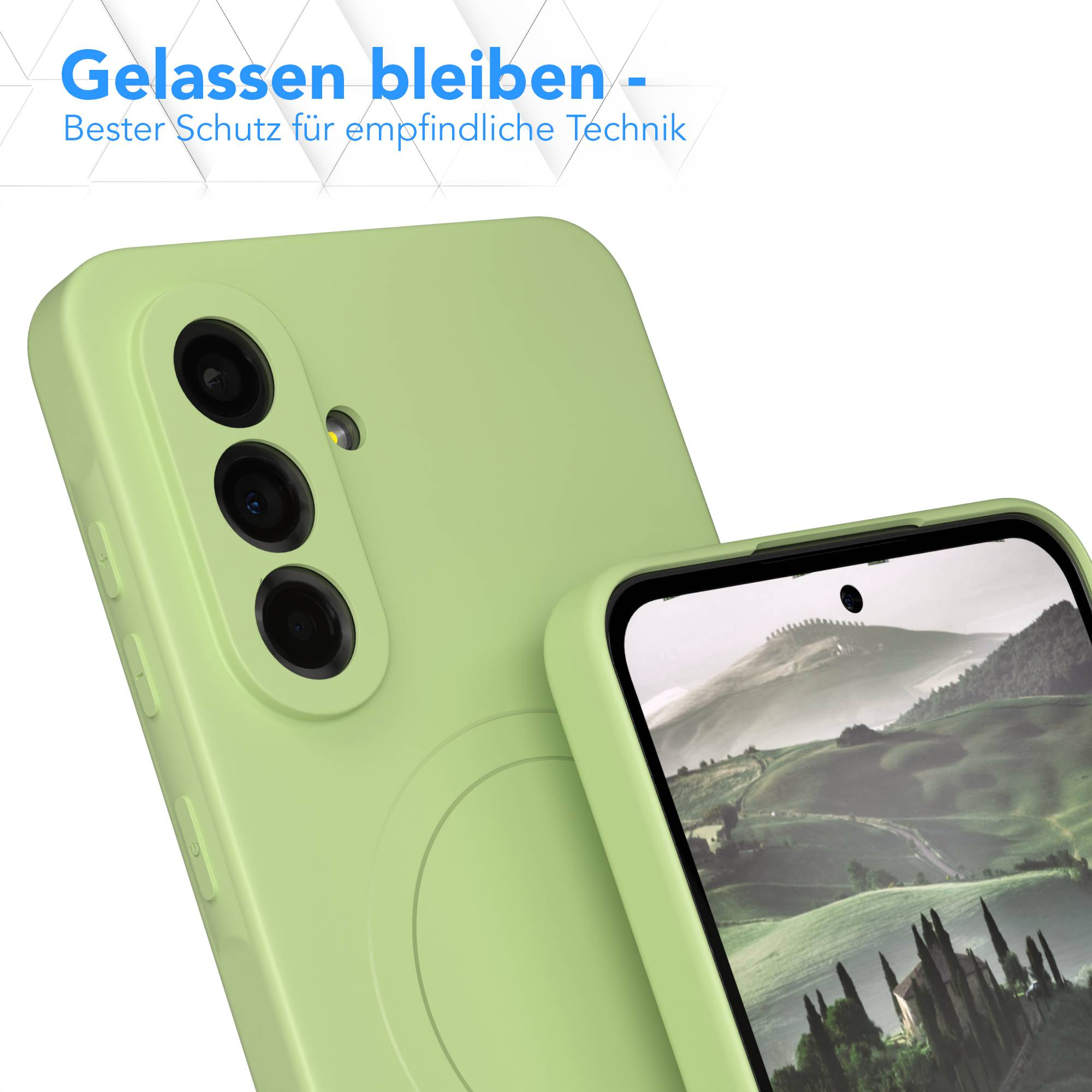 Zwei grüne Handyhüllen. Eine zeigt eine Landschaft. Text: 'Gelassen bleiben - Bester Schutz für empfindliche Technik'.