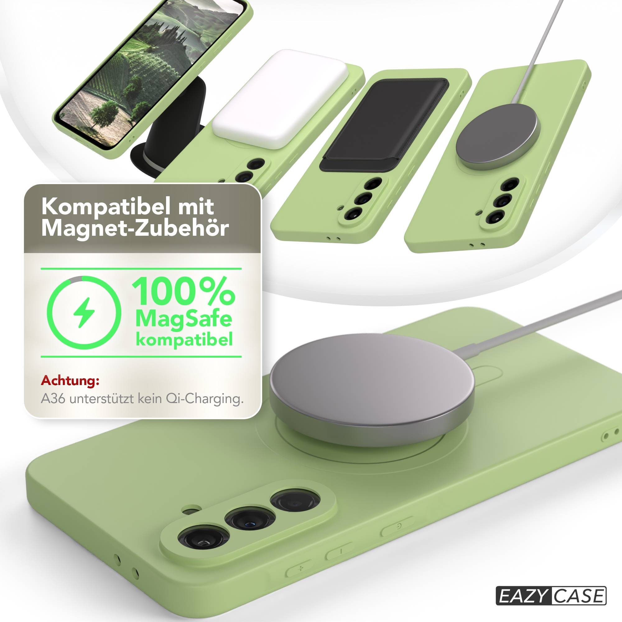Grüne Handyhüllen mit MagSafe-Zubehör. Eine Grafik zeigt 100% MagSafe-Kompatibilität.