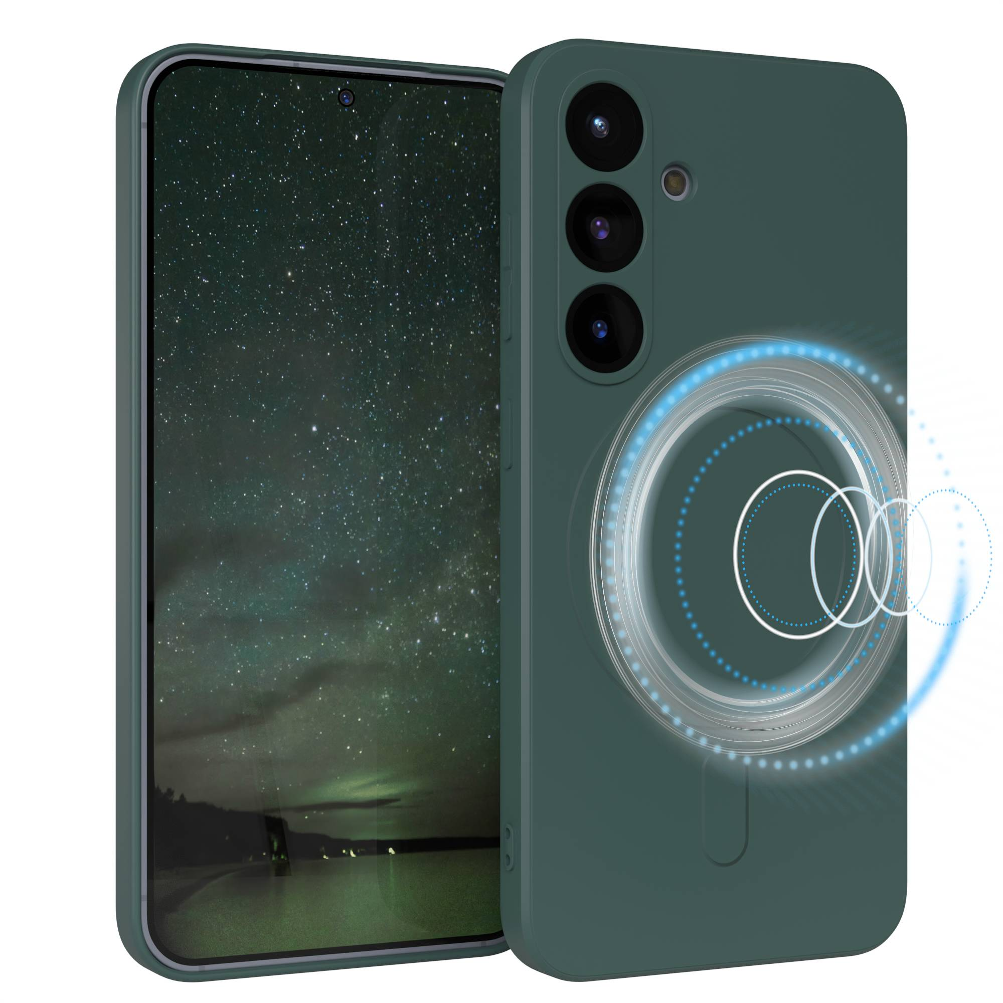 Ein Telefon mit Hülle, das einen Nachthimmel auf dem Bildschirm anzeigt. Die Hülle hat ein magnetisches Ringdesign.