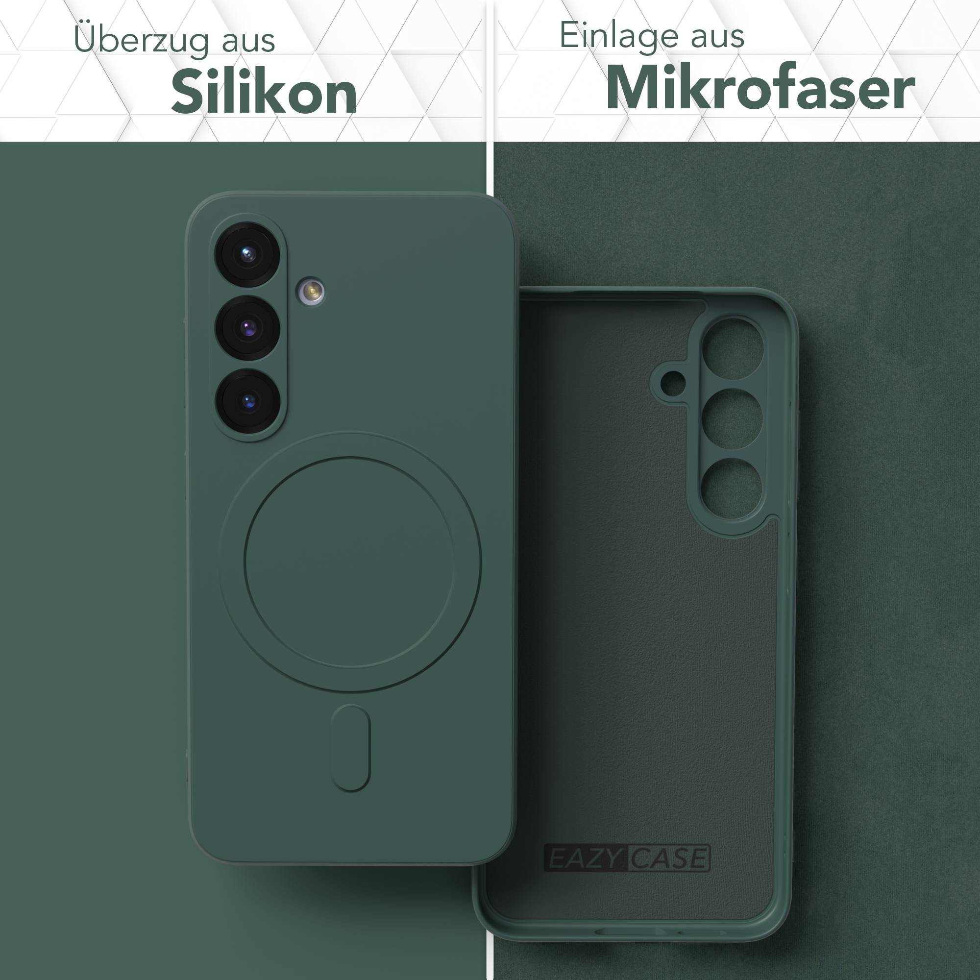 Grüne Handyhülle, Silikon außen und Mikrofaser innen, geöffnet, um das Innere zu zeigen. Das Eazy Case Logo ist sichtbar.