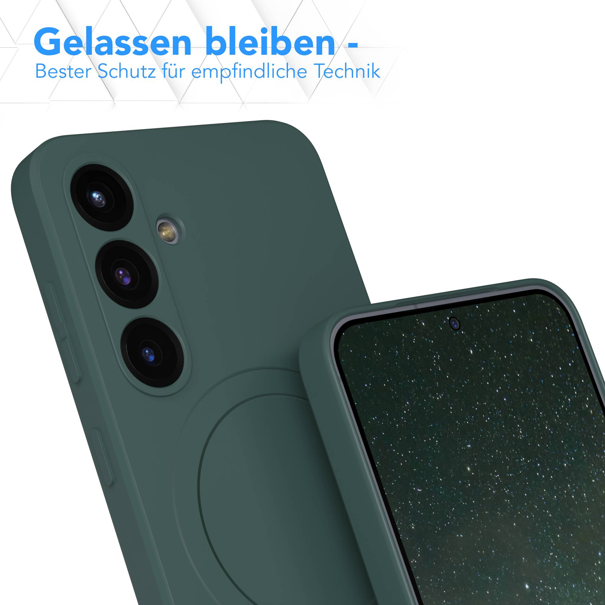 Nahaufnahme einer grünen Handyhülle mit einem Telefon darin. Der Telefonbildschirm zeigt einen Sternenhimmel. Weißer Text oben.