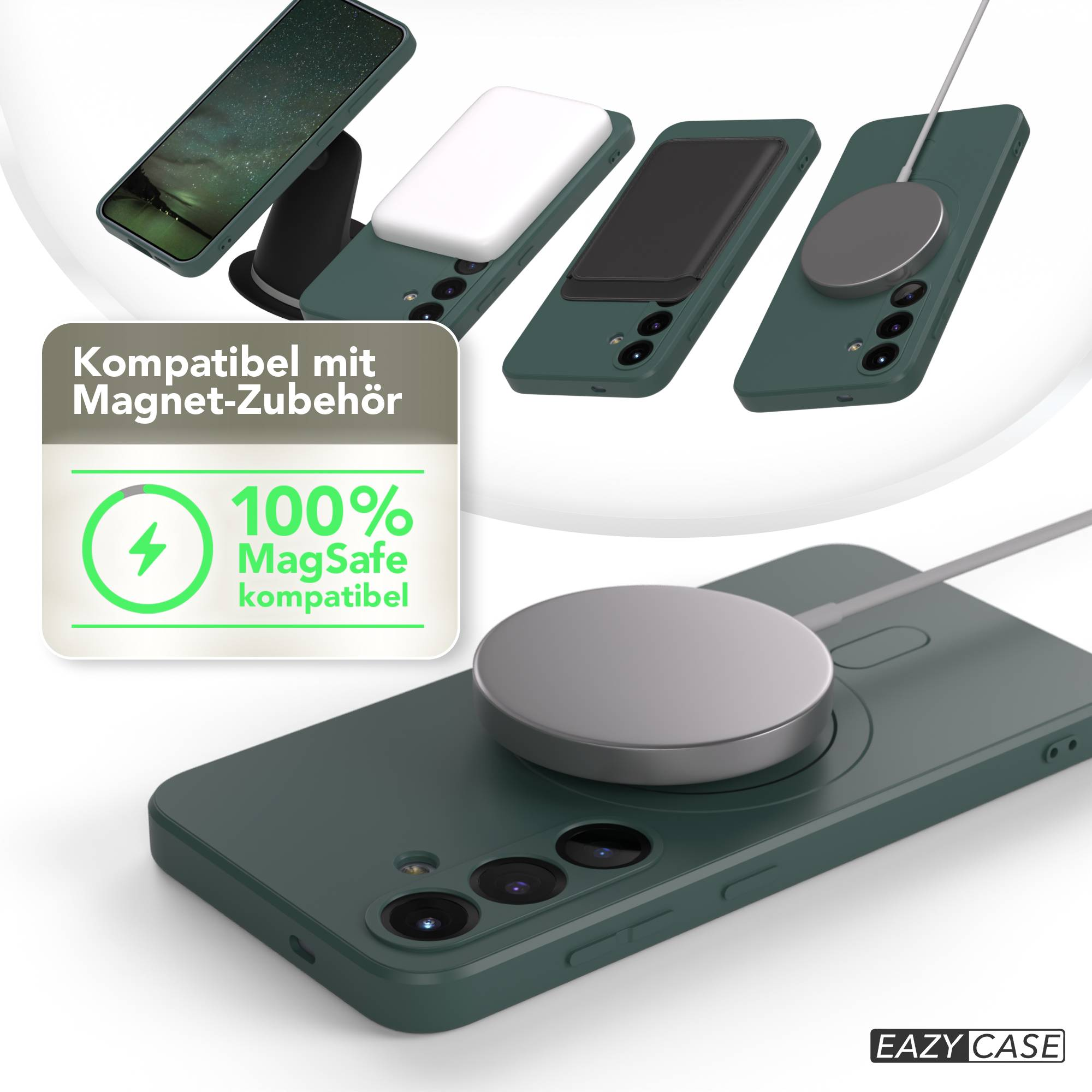 Mehrere grüne Handyhüllen mit Zubehör werden angezeigt. Ein Telefon steht auf einem Ständer, andere haben Aufsätze. Ein Schild sagt MagSafe-kompatibel.