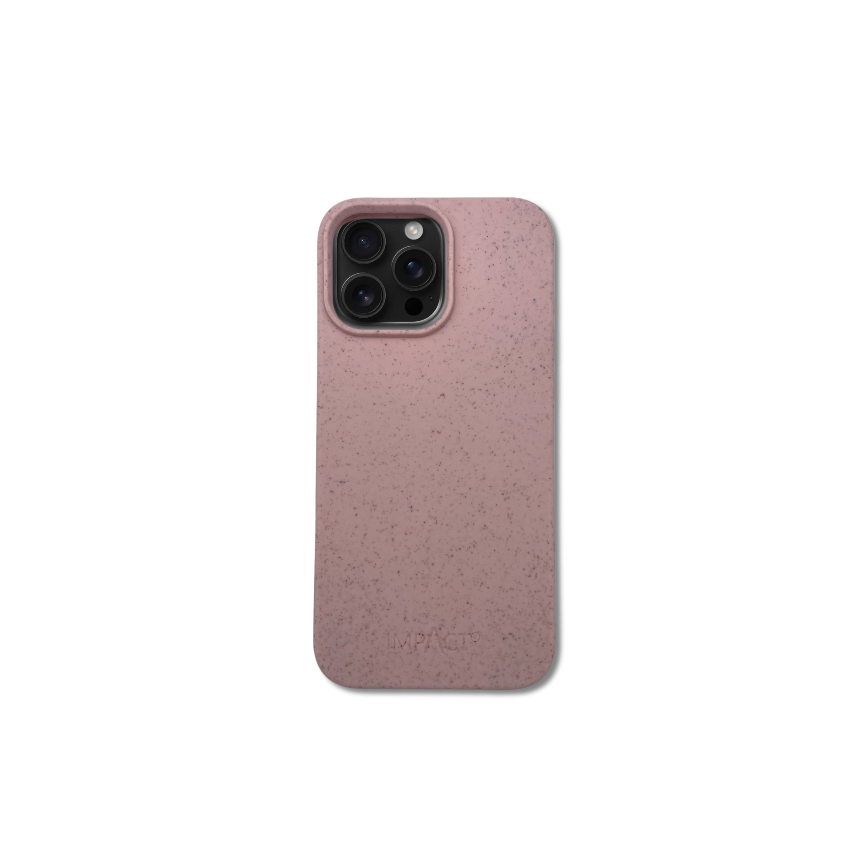 Una custodia rosa per telefono con lenti della fotocamera è visualizzata su sfondo bianco. La custodia ha una trama macchiettata.
