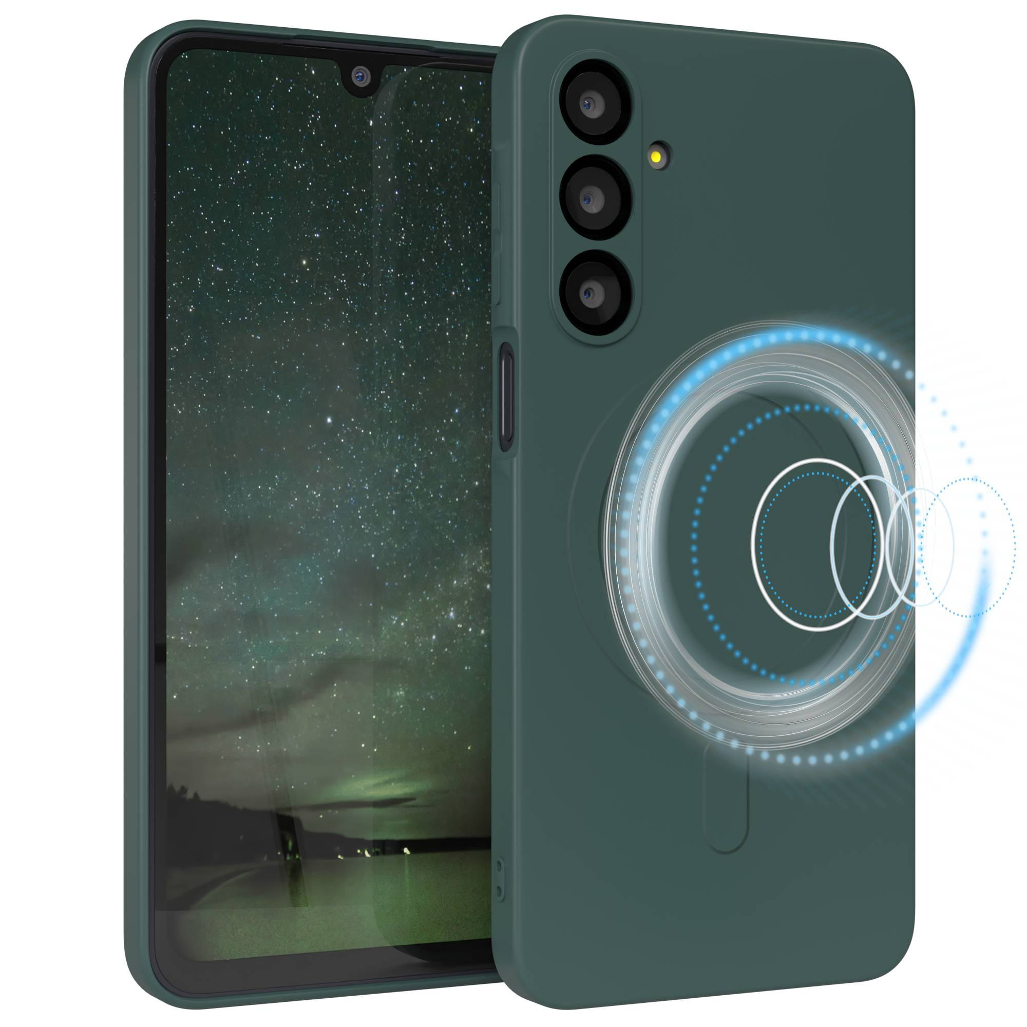 Ein grünes Telefon mit Hülle, der Bildschirm zeigt eine Sternennacht. Die Hülle hat ein kreisförmiges Design mit blau leuchtenden Lichtern.