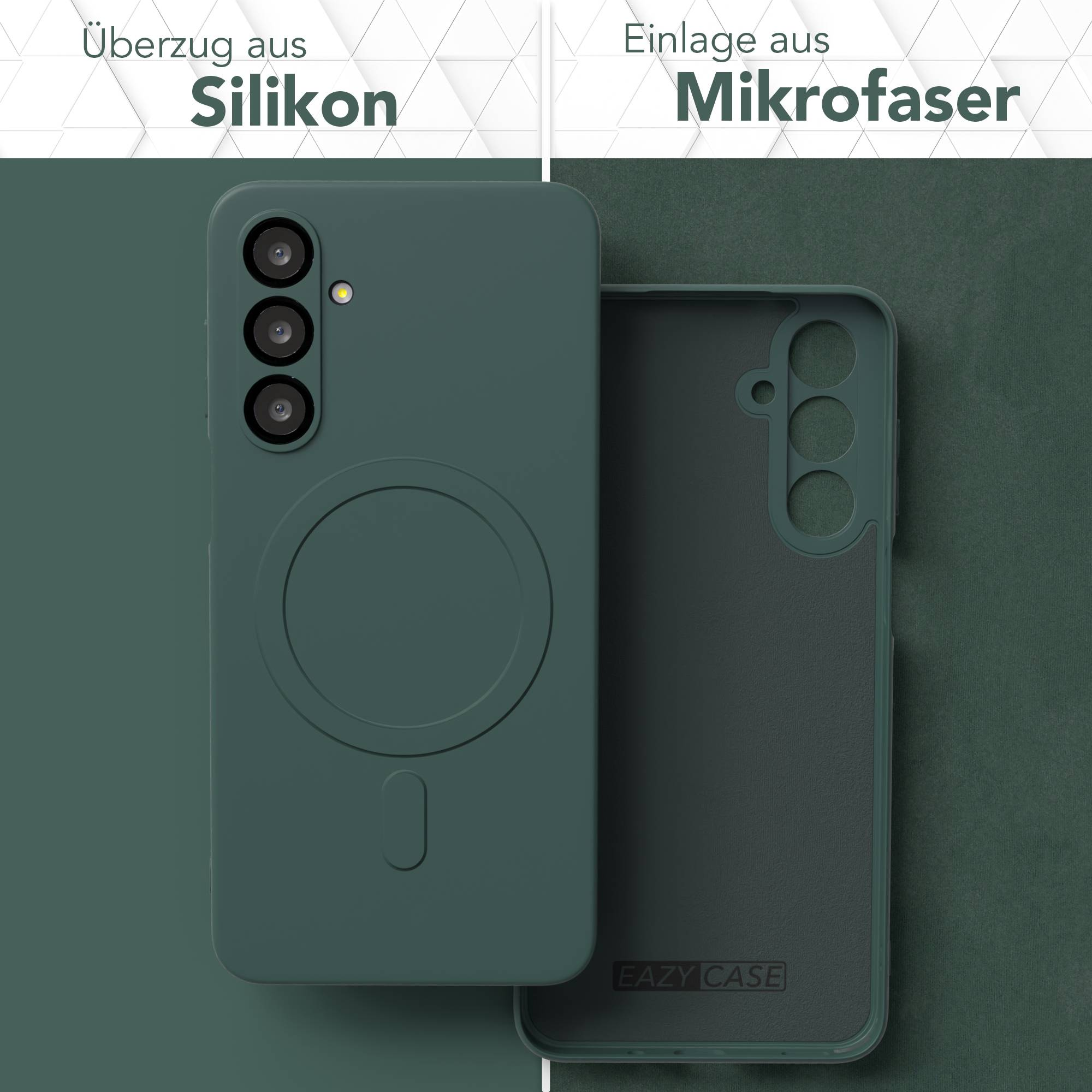 Eine grüne Handyhülle mit Kameraausschnitt und rundem Design. Die Hülle besteht aus Silikon. Innen ist sie aus Mikrofaser.