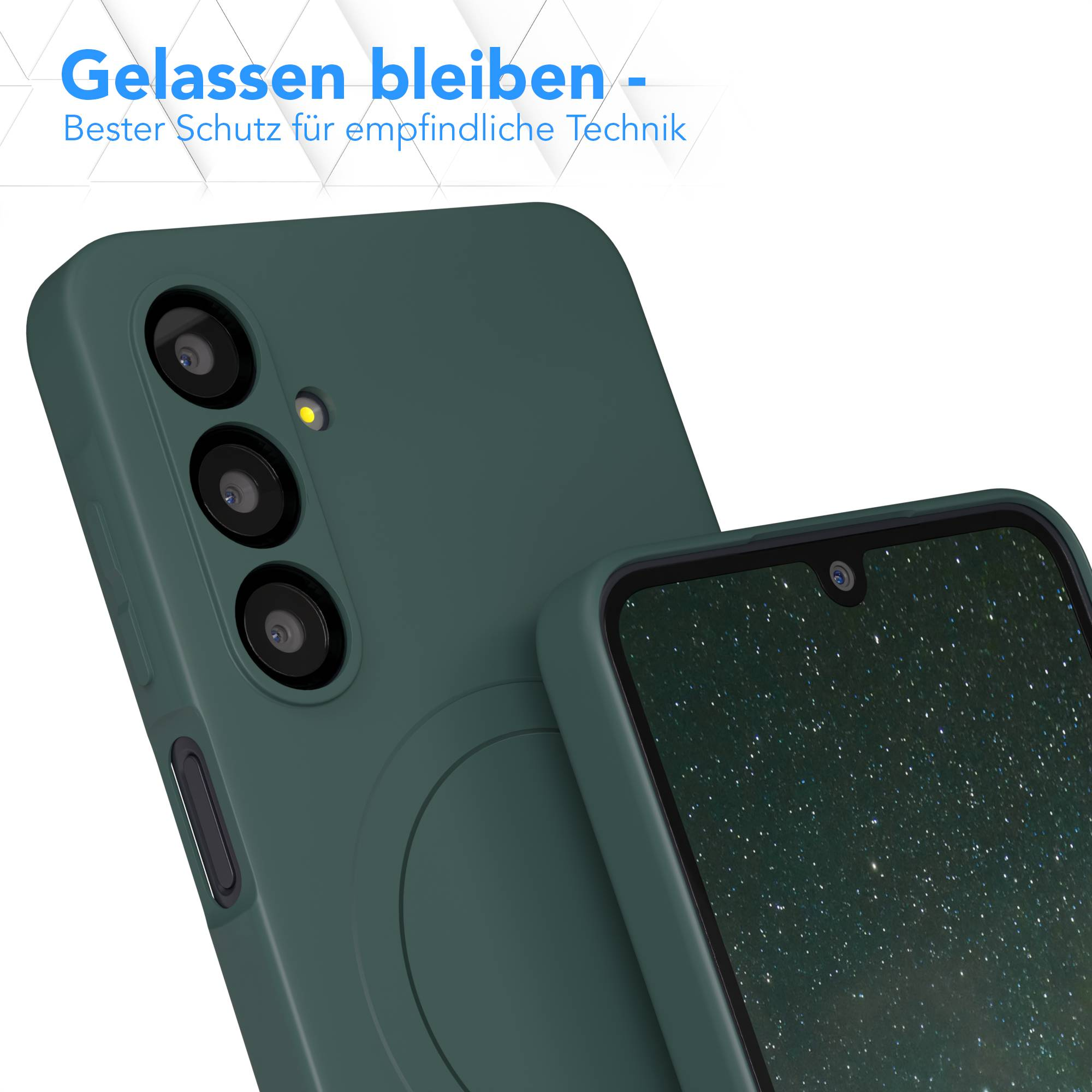 Grüne Handyhülle mit mehreren Kameralinsen. Ein weiteres Telefon mit einem Sternenhimmel auf dem Bildschirm.