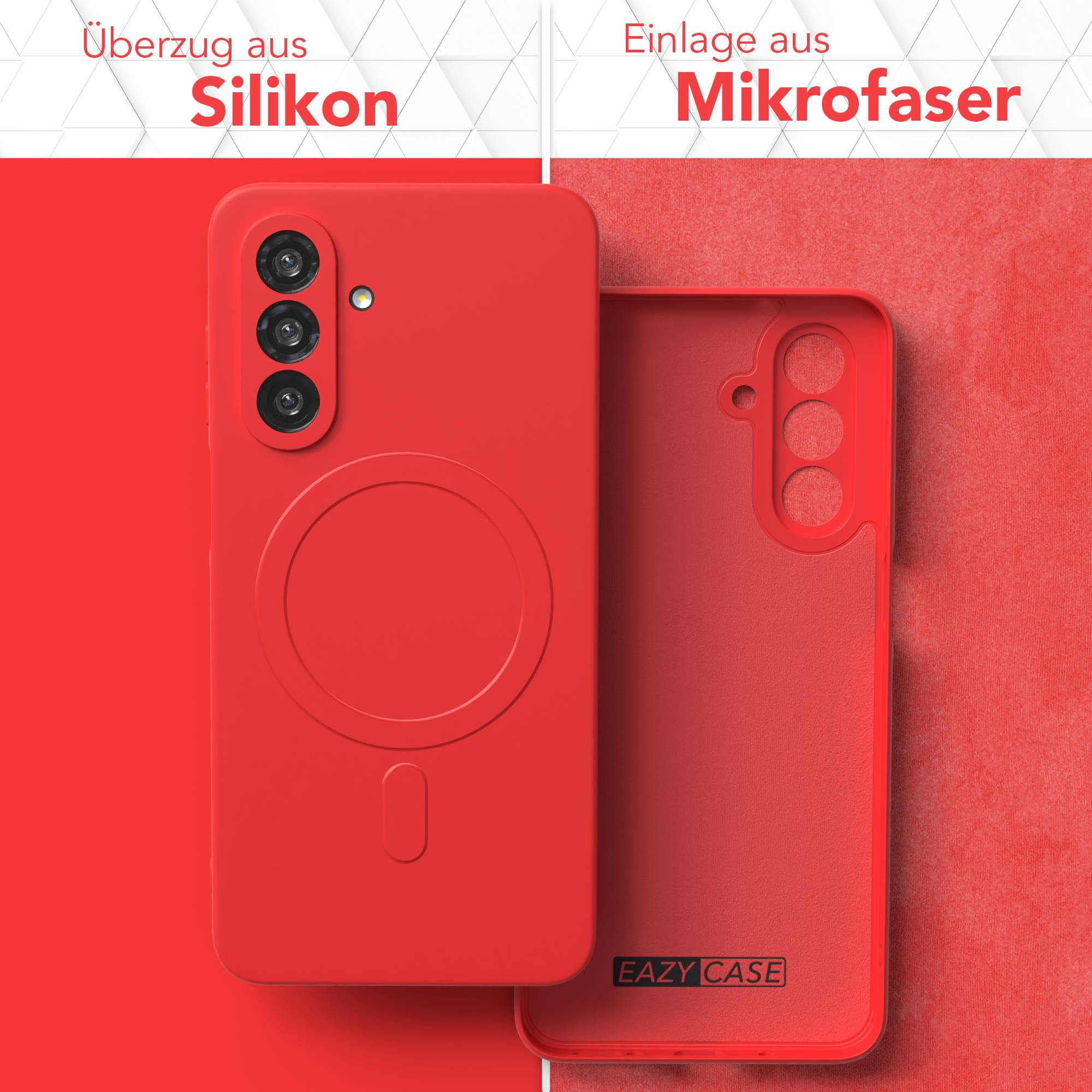 Rote Handyhülle mit Silikon außen und Mikrofaser innen, aufgeteilt in zwei Teile. Textbeschriftungen 'Silikon' und 'Mikrofaser'.