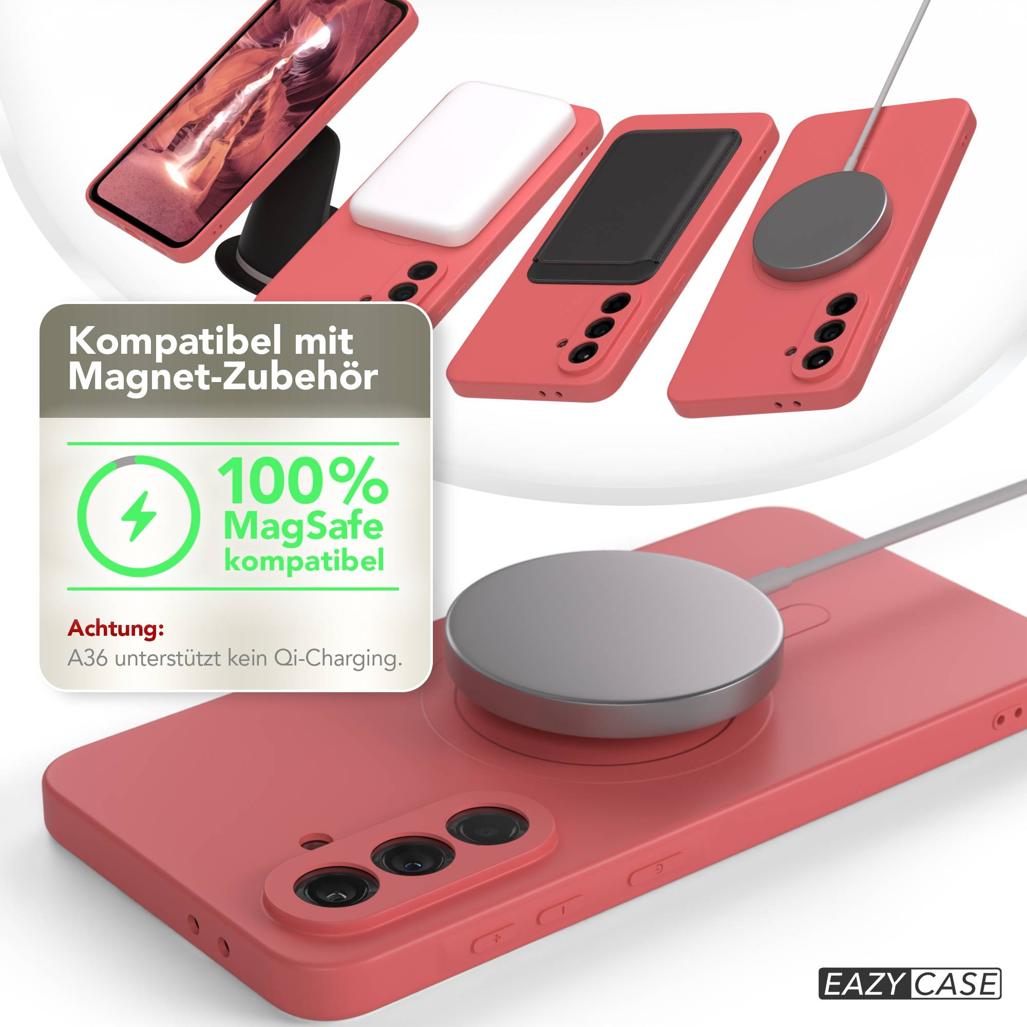 Das Bild zeigt rote Handyhüllen und MagSafe-Ladegeräte. Der Text hebt die MagSafe-Kompatibilität hervor. Ein weißer Hintergrund und Produktbranding sind ebenfalls sichtbar.