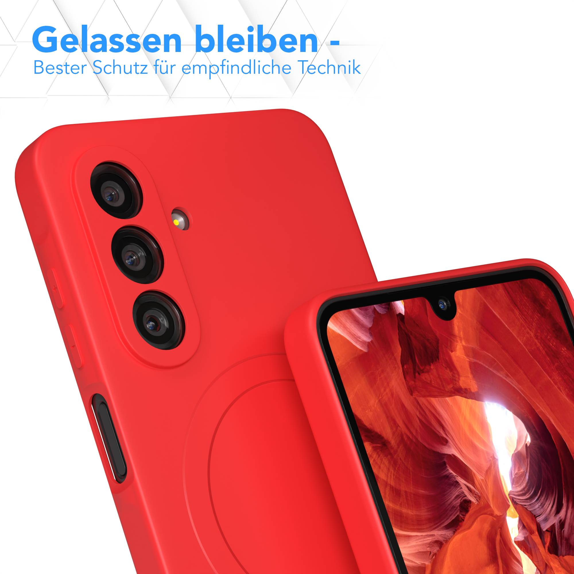 Rote Handyhülle mit mehreren Kameralinsen. Der Bildschirm zeigt ein Canyon-Bild. Text sagt 'Gelassen bleiben'.
