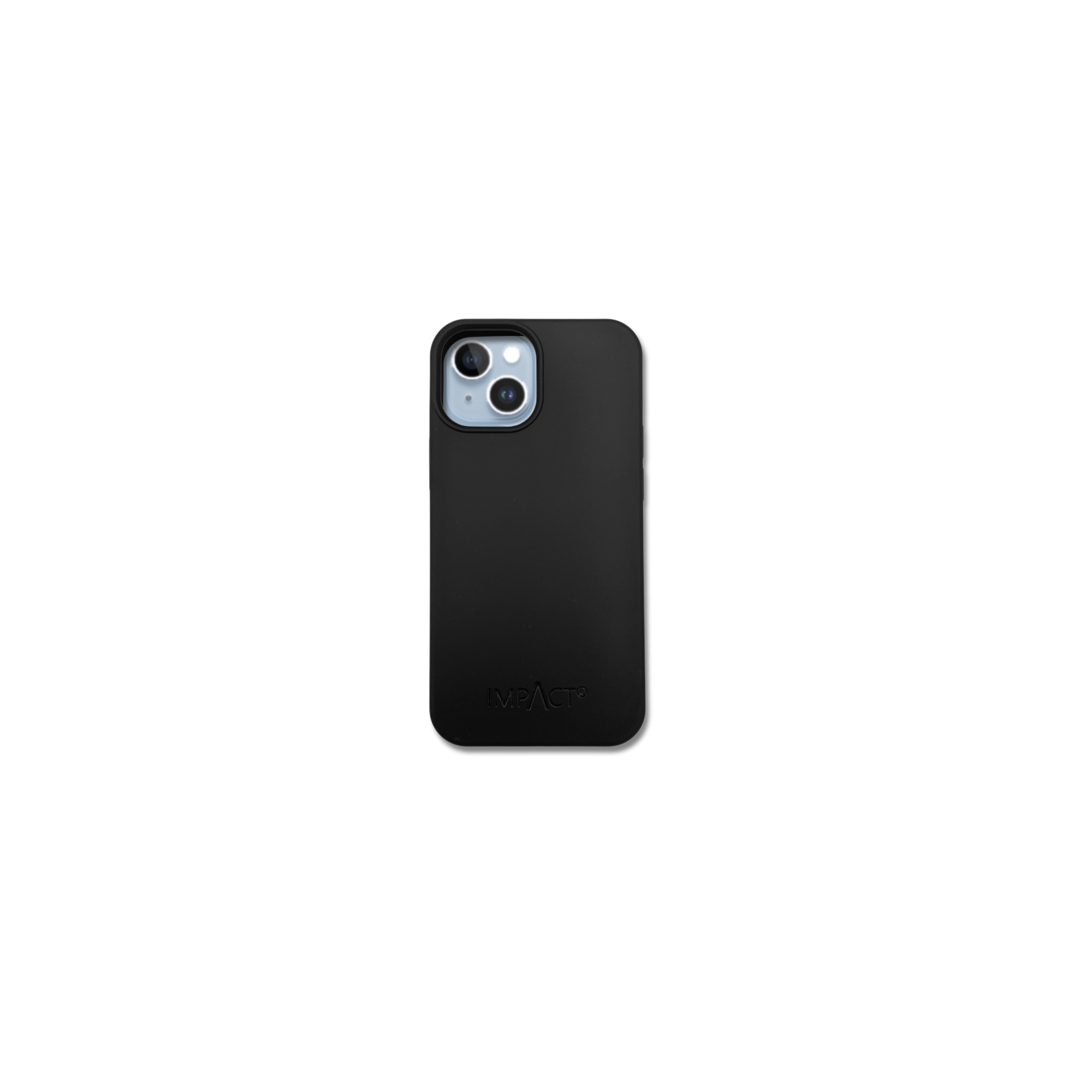 Custodia nera per telefono con lenti della fotocamera su sfondo bianco. Sulla custodia c'è la parola 'IMPACT'.