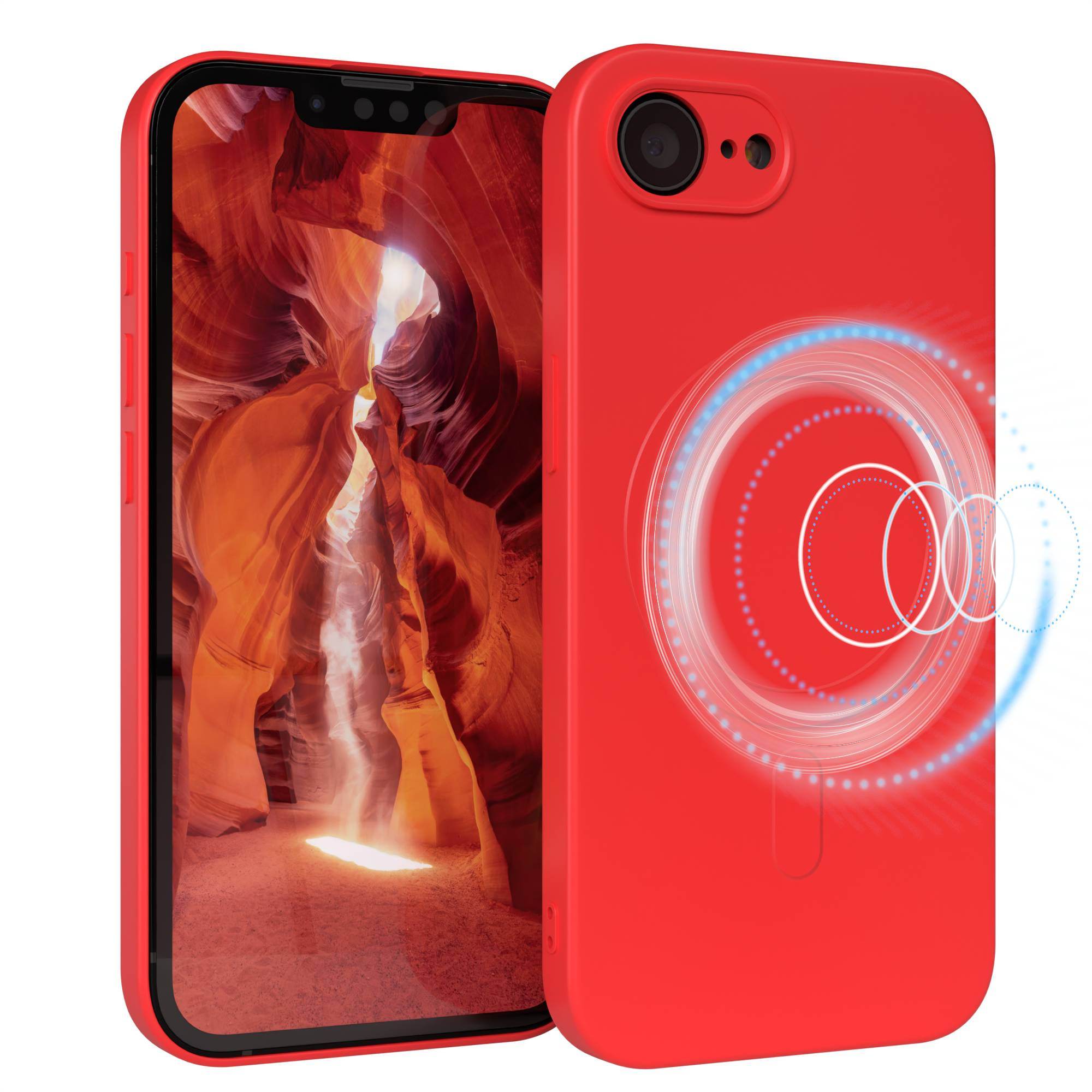 Rotes Telefon mit Hülle, die ein Canyon-Bild zeigt. Die Hülle hat eine Kamera und eine drahtlose Ladeanzeige.