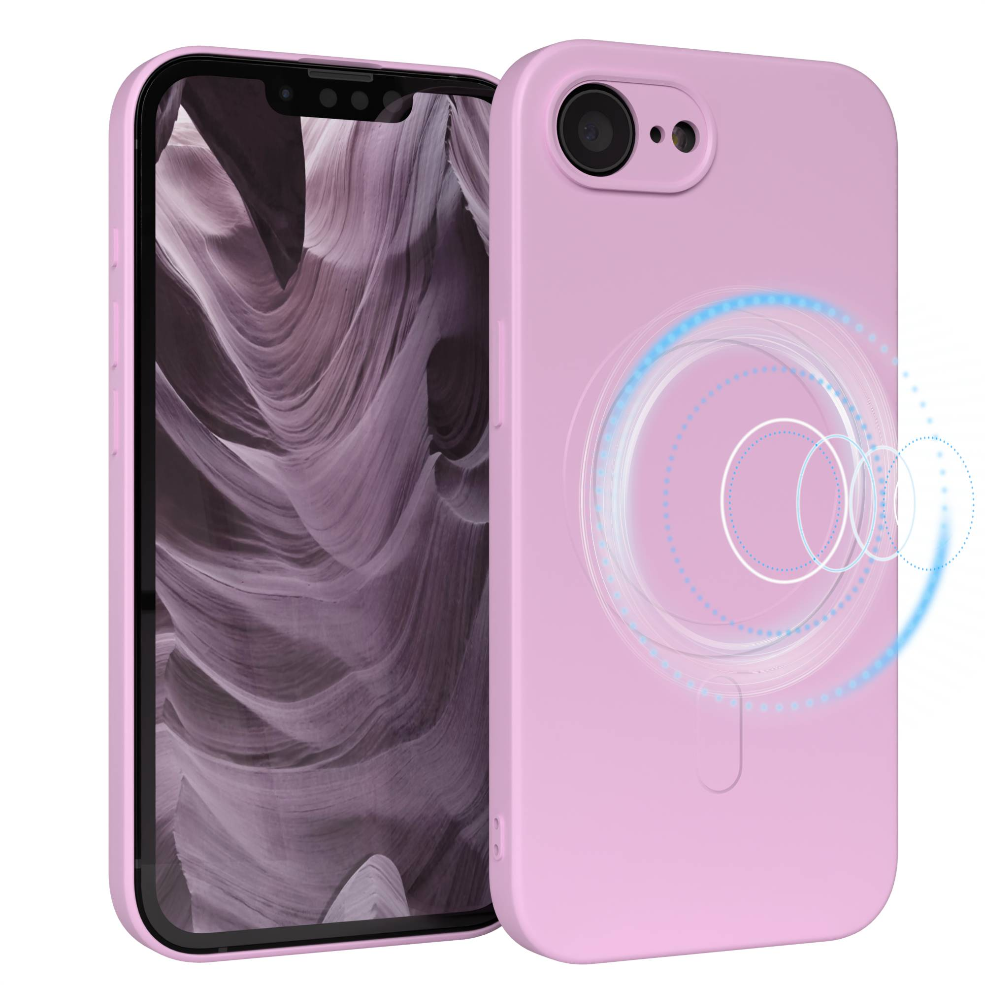 Rosa Handyhülle mit Handy. Hülle hat Kamera und ein magnetisches Kreisdesign. Der Telefonbildschirm zeigt ein Canyonbild.