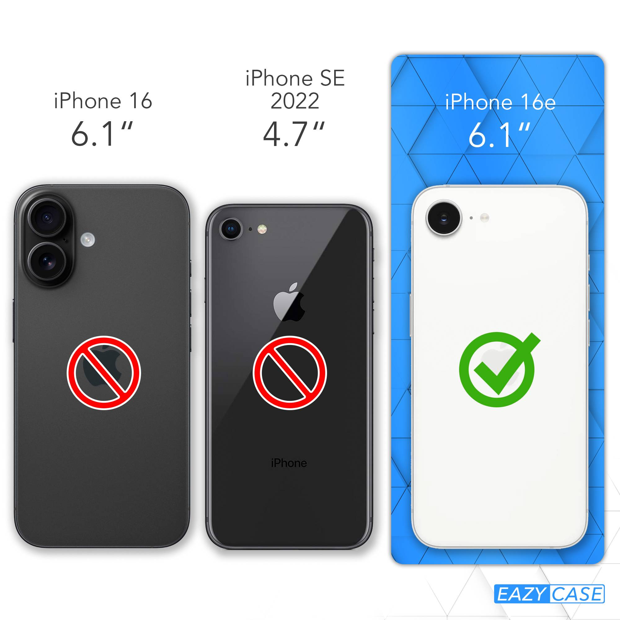 Das Bild zeigt drei iPhones: iPhone 16, iPhone SE 2022 und iPhone 16e. Die ersten beiden haben ein rotes Verbotszeichen, das letzte ein grünes Häkchen.